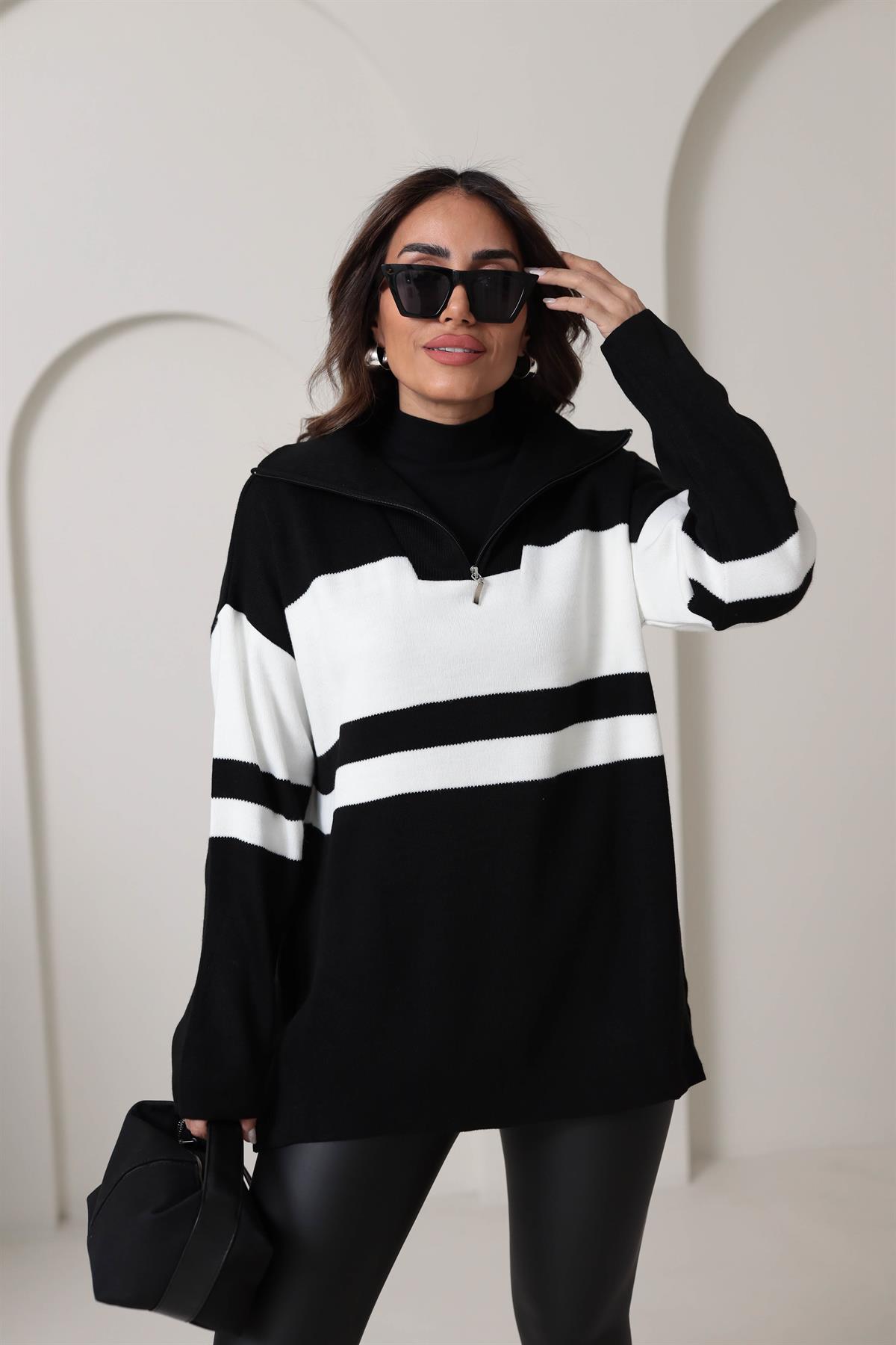 0011 Büyük Çizgili Fermuarlı Tunik Kazak SİYAH-EKRU