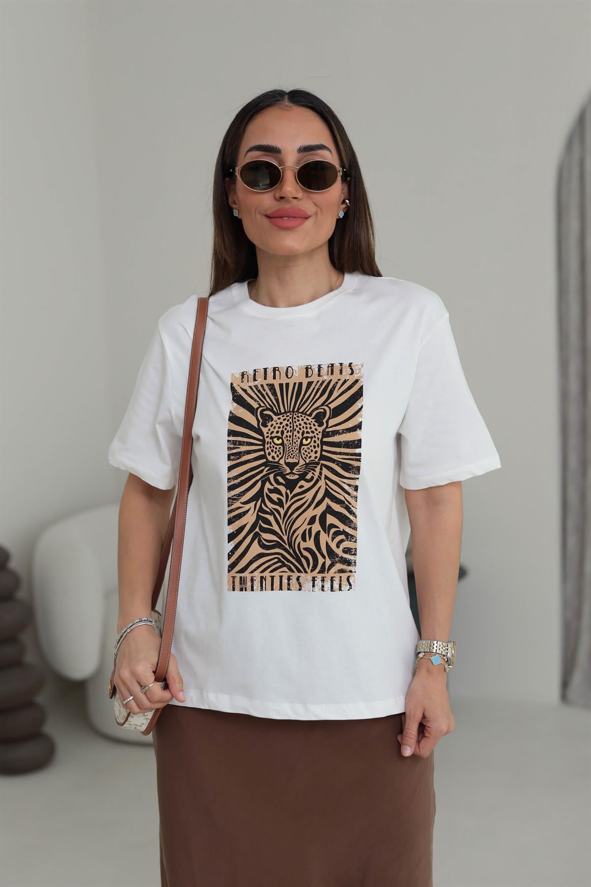 7113 Leopar Baskılı Pamuklu Tshirt EKRU