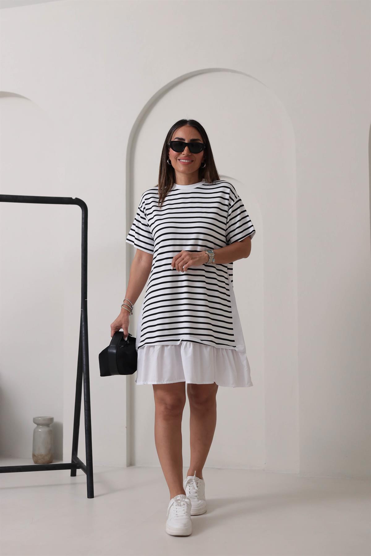 6476 Çizgili Altı Fırfırlı Elbise BEYAZ