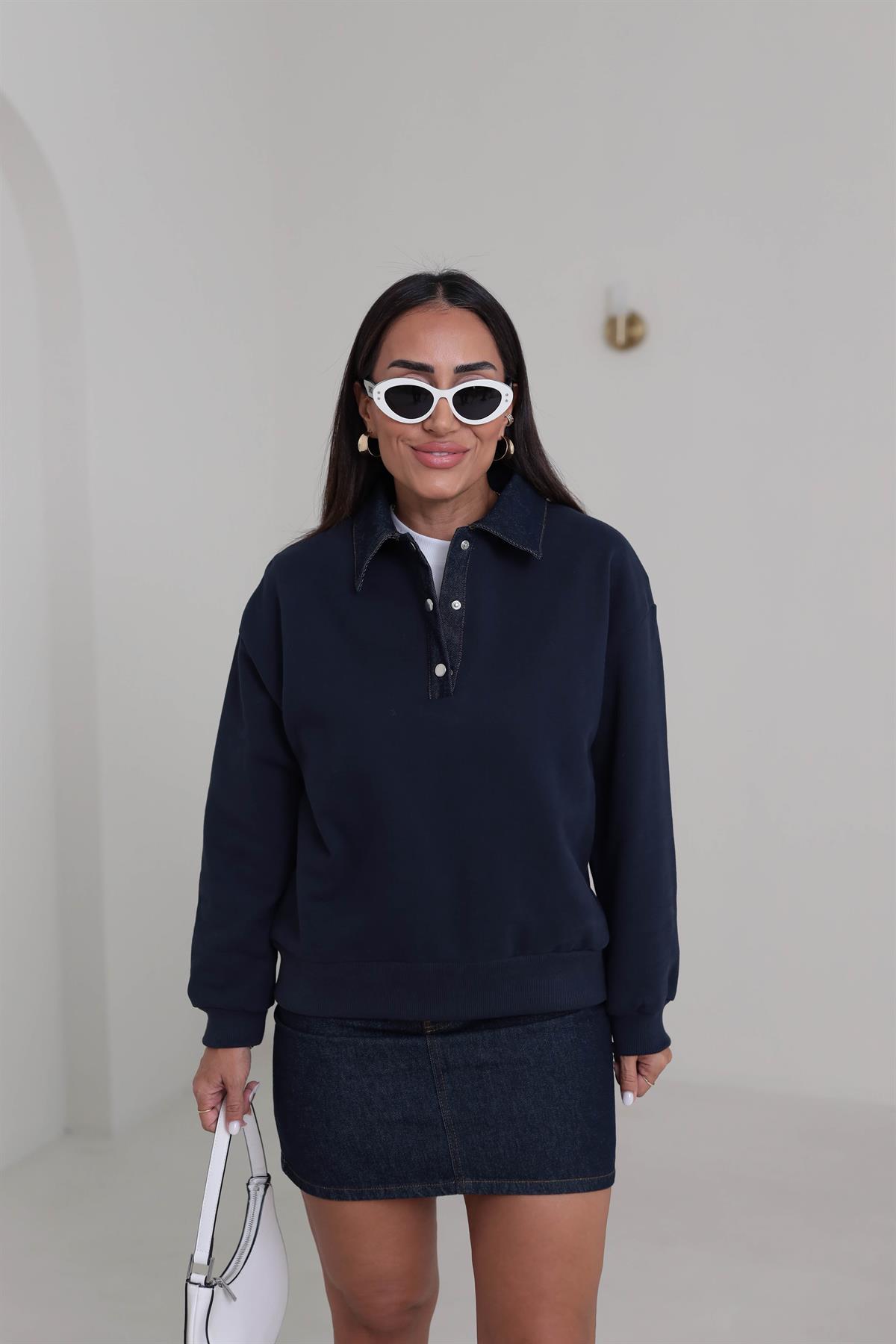 0178 Denim Yaka Tasarım Sweatshirt LACİVERT