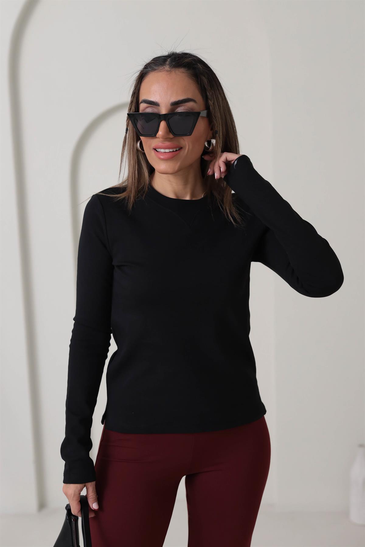 6364 Yaka Ribana Dikişli Uzun Kol Bluz SİYAH