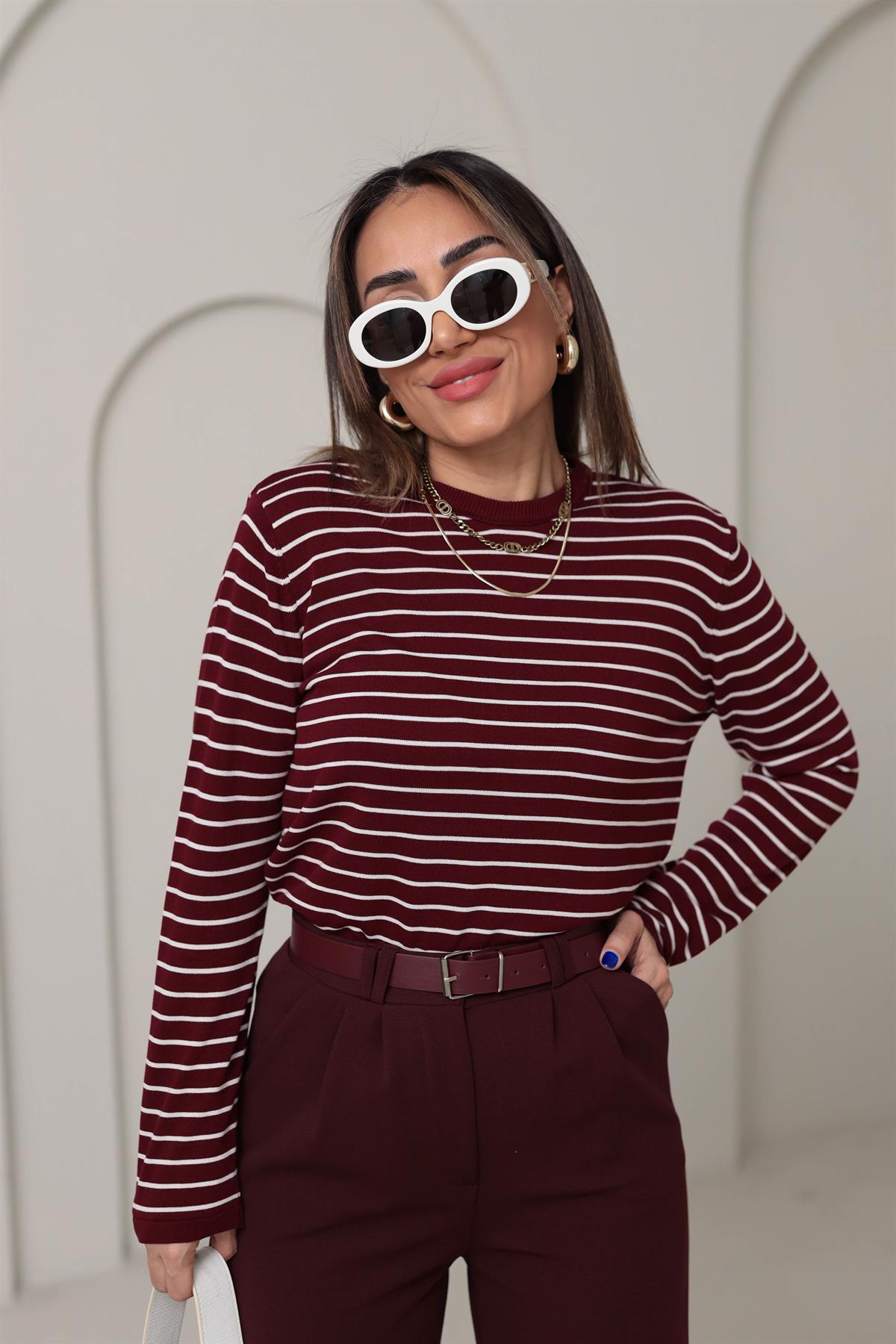 Çizgili Bisiklet Yaka Merzerize Triko BORDO