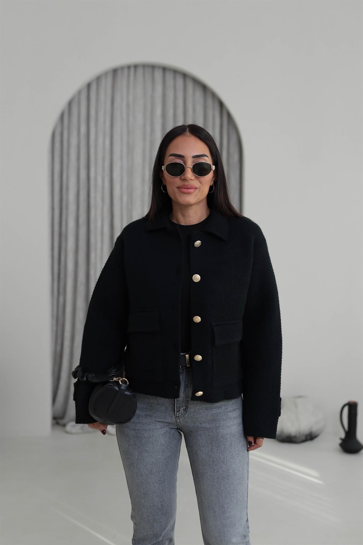 4204 Kalın Dokulu Gold Düğme Detaylı Ceket Hırka SİYAH