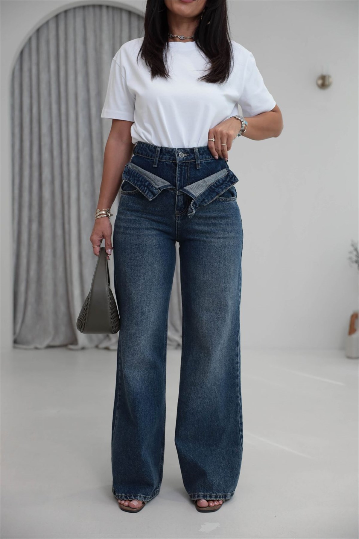 1065 Asimetrik Bel Detaylı Palazzo Denim Pantolon TİNTLİ MAVİ