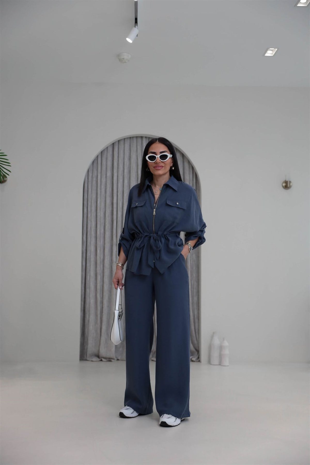 1003 Cep Kapaklı Fermuarlı Bel Büzgülü Modal Tencel Takım Indigo