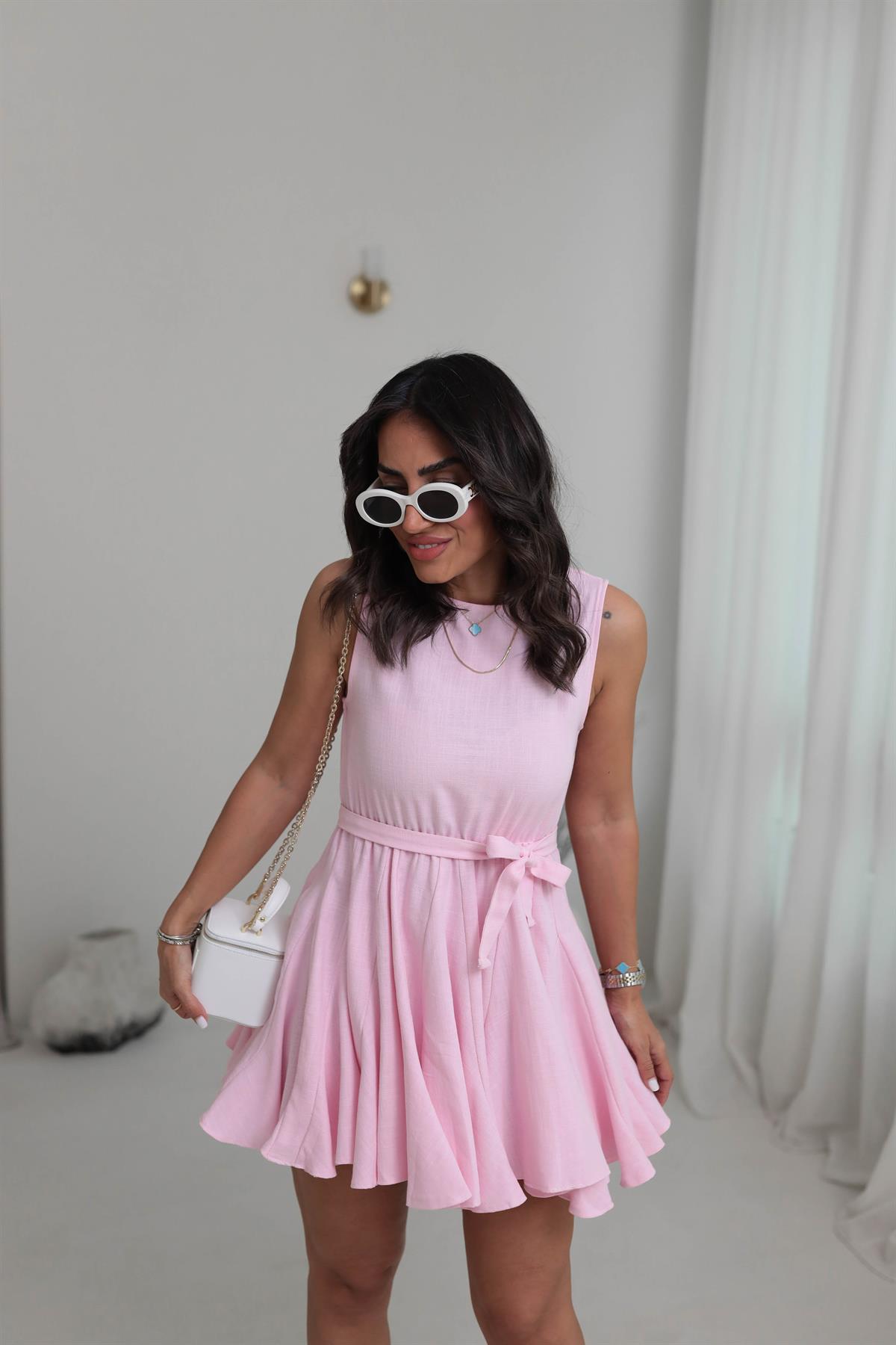 5163 Etek Ucu Volanlı Bel Lastikli Keten Elbise PEMBE