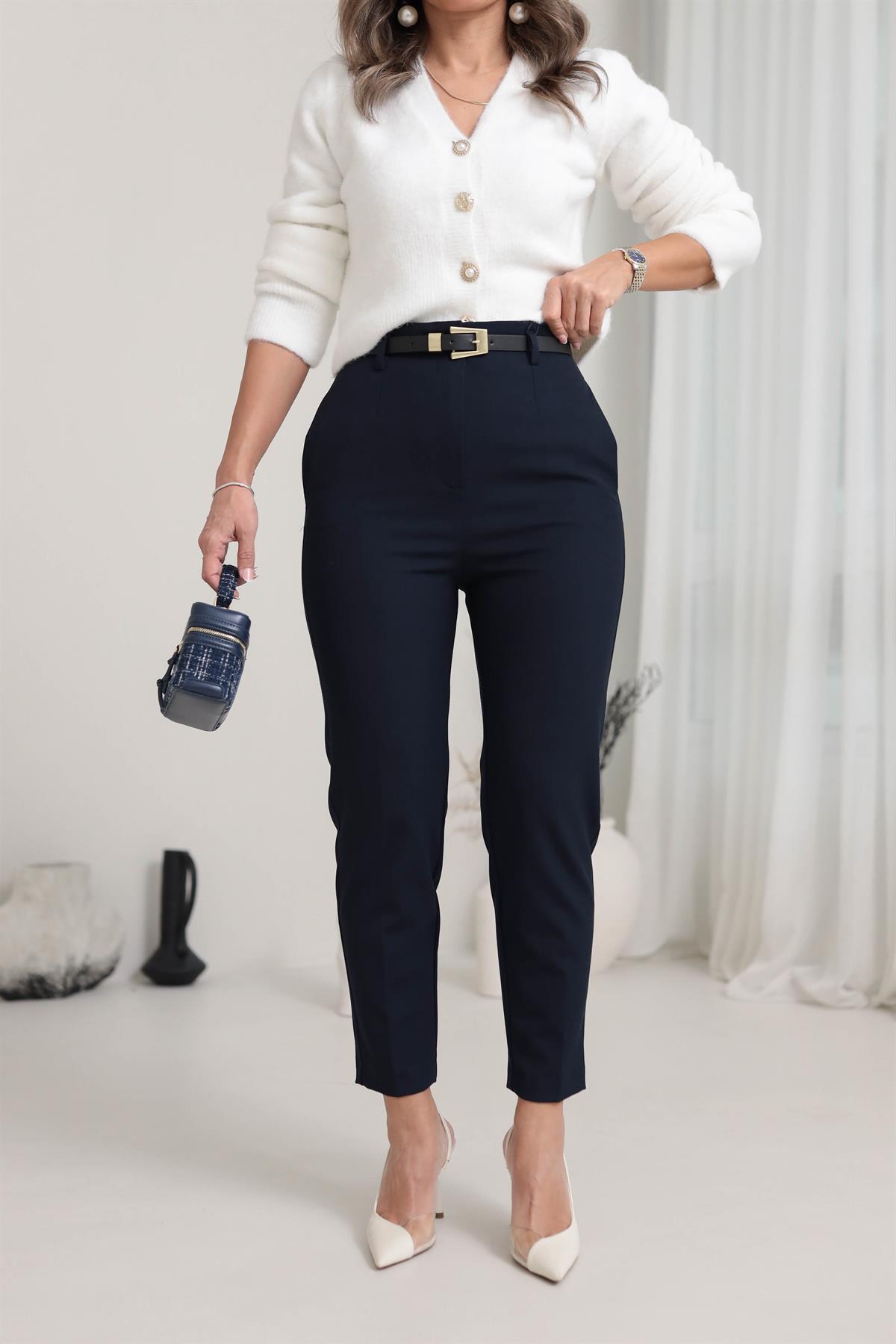1293 Kemerli Yüksek Bel Havuç Pantolon LACİVERT