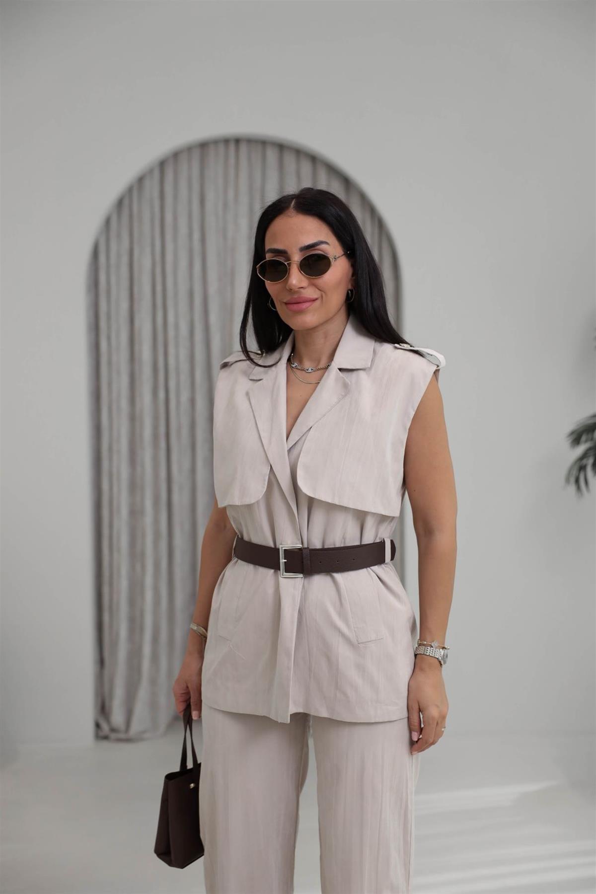 0719 Kemerli Tencel Kumaş Pantolon Yelek Takım BEJ