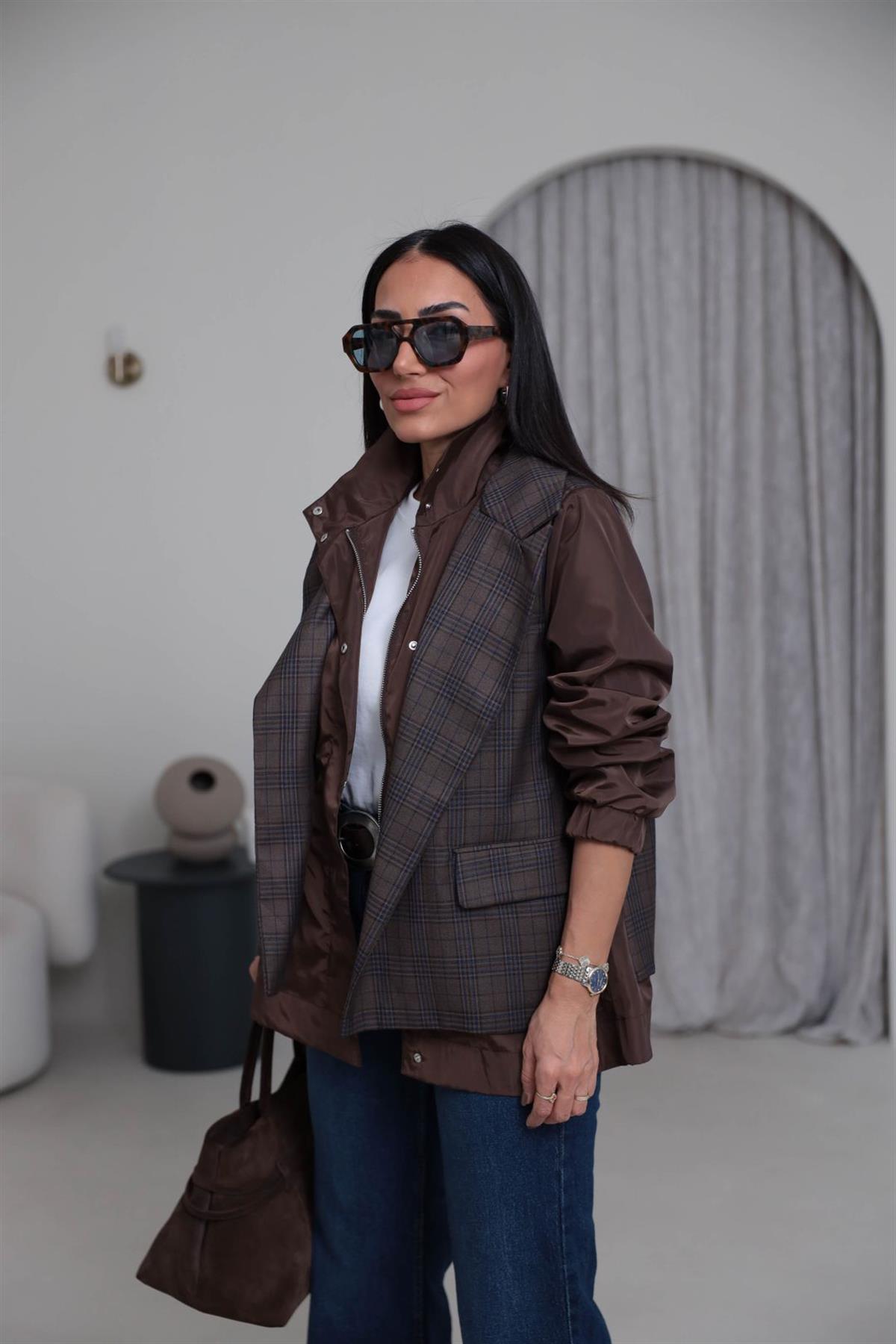 6927 Ekose Ceket Görünümlü Dik Yaka Paraşüt Yağmurluk ACI KAHVE