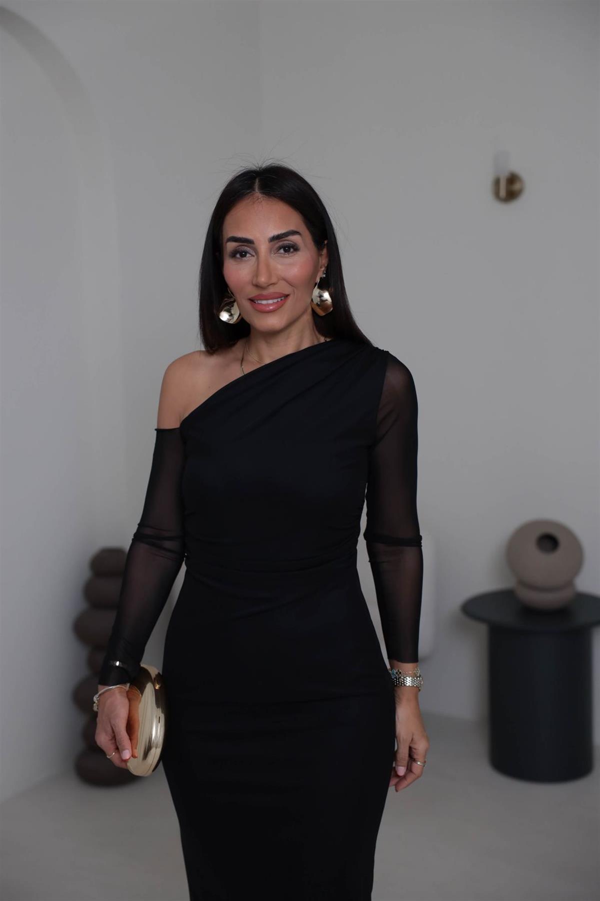 K1942 Tek Omuz Detay Drapeli Tül Elbise SİYAH