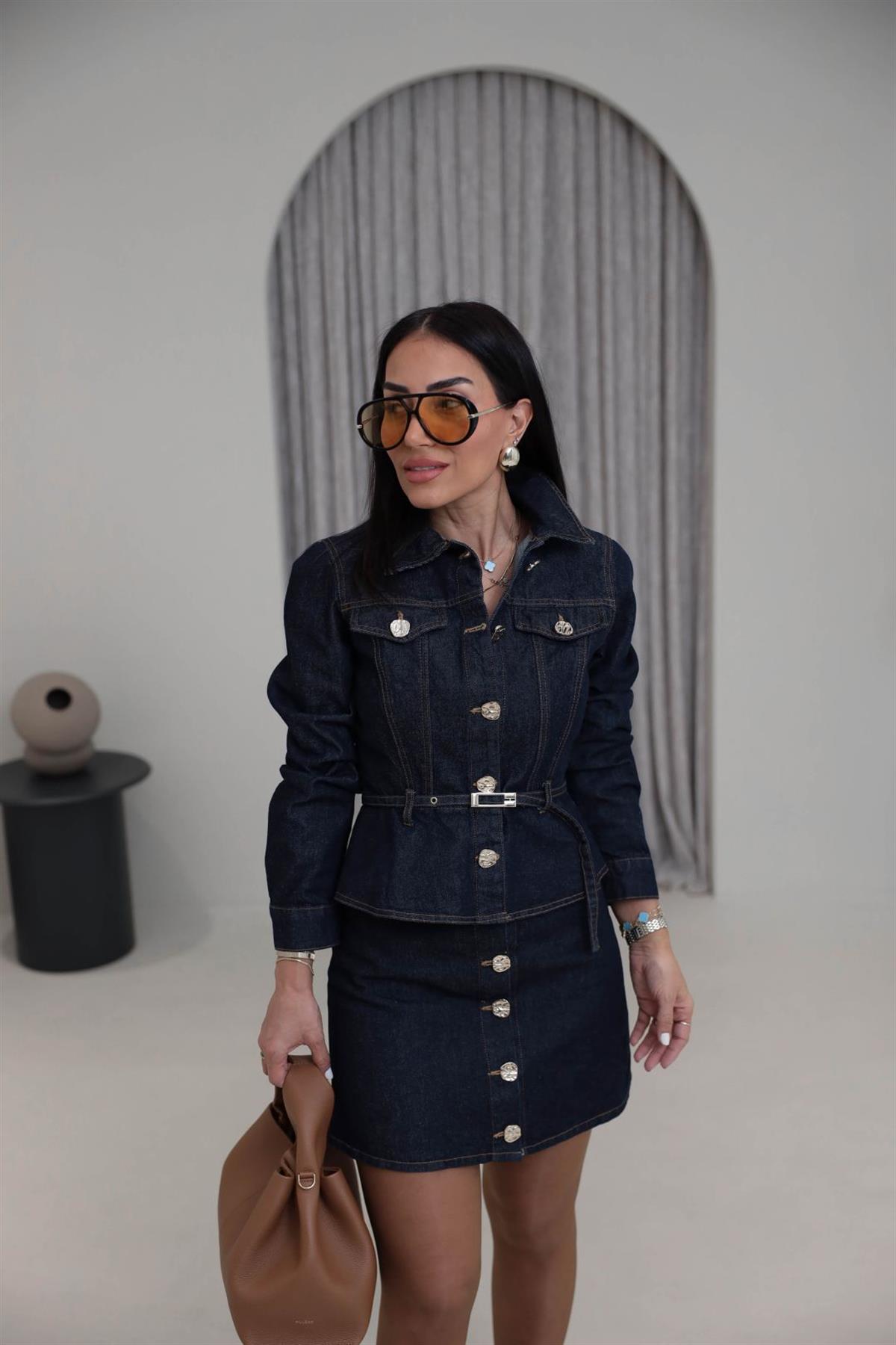 9266 Gold Düğmeli Belden Kemerli Denim Takım LACİVERT