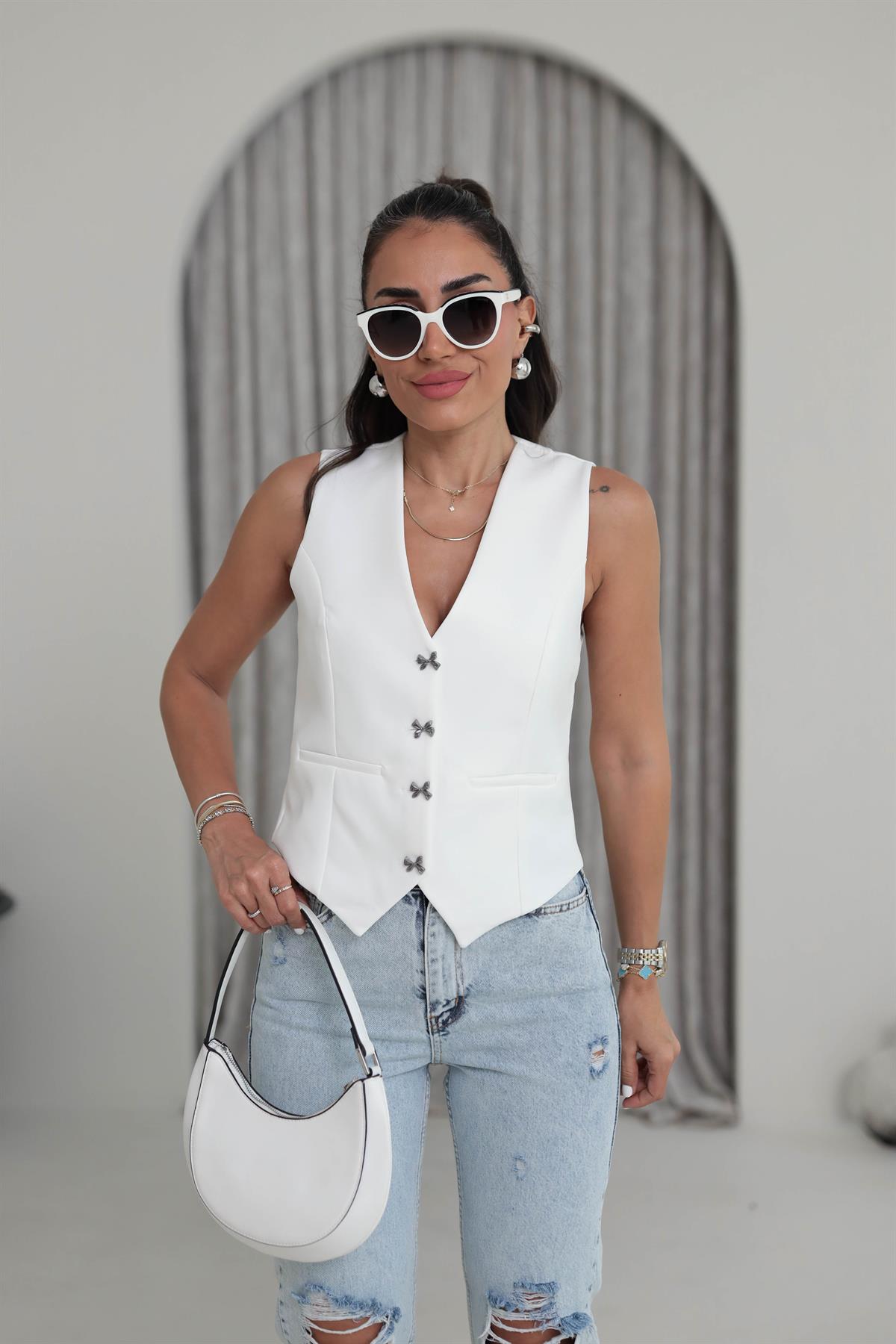 0464 Gümüş Fiyonk Düğmeli Double Yelek BEYAZ