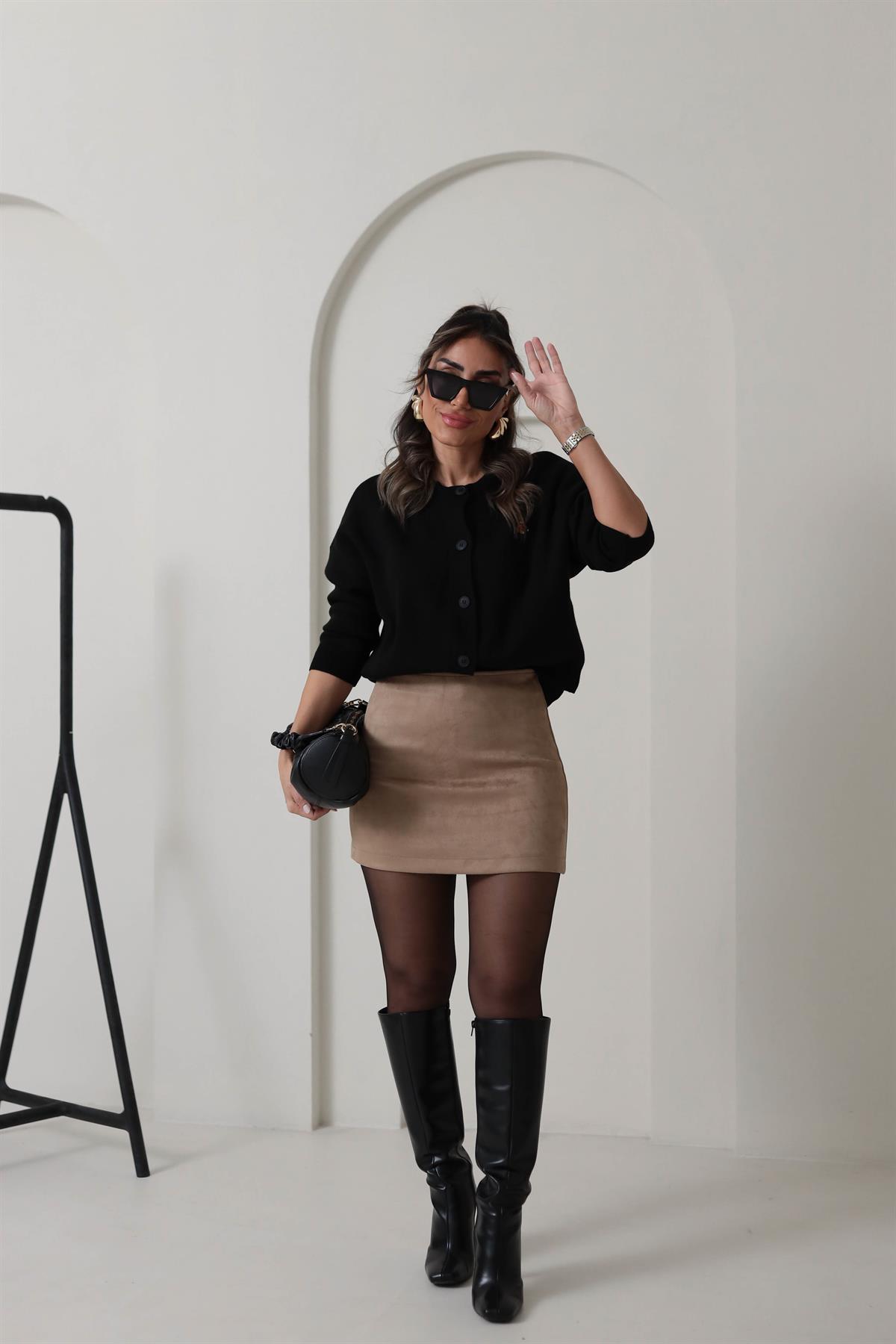 9007 Suet Kısa Etek KOYU BEJ