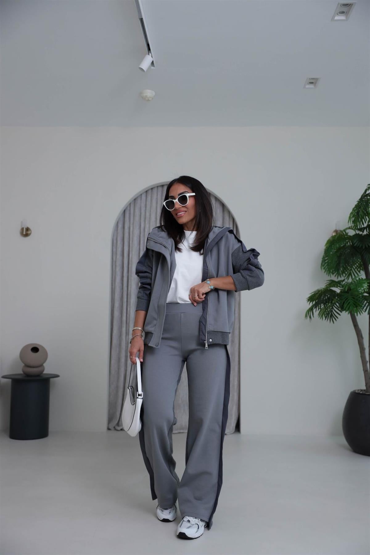 0739 Garnili Renk Bloklu Eşofman Takımı GRİ MELANJ