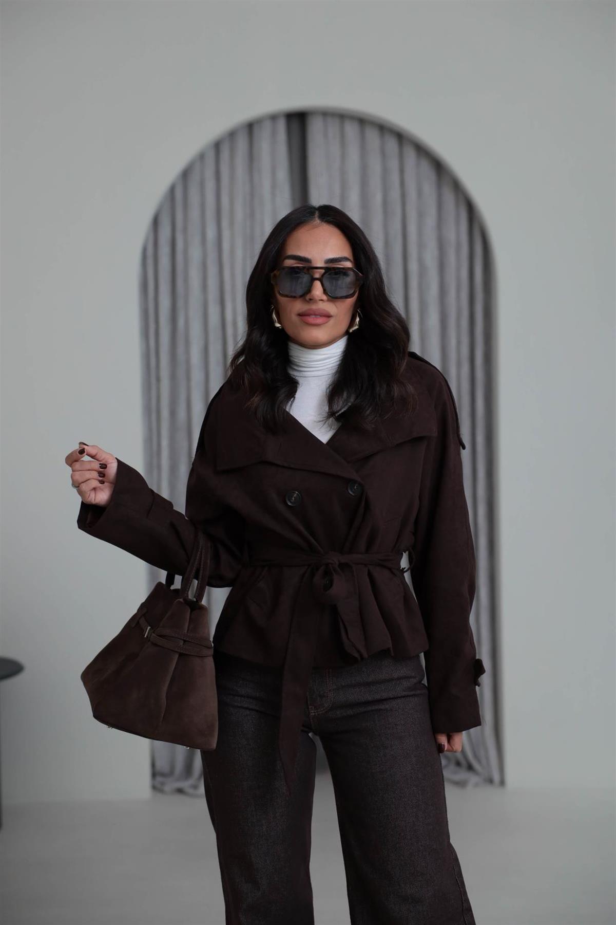 8437 Dik Yaka Kuşaklı Süet Ceket ACI KAHVE