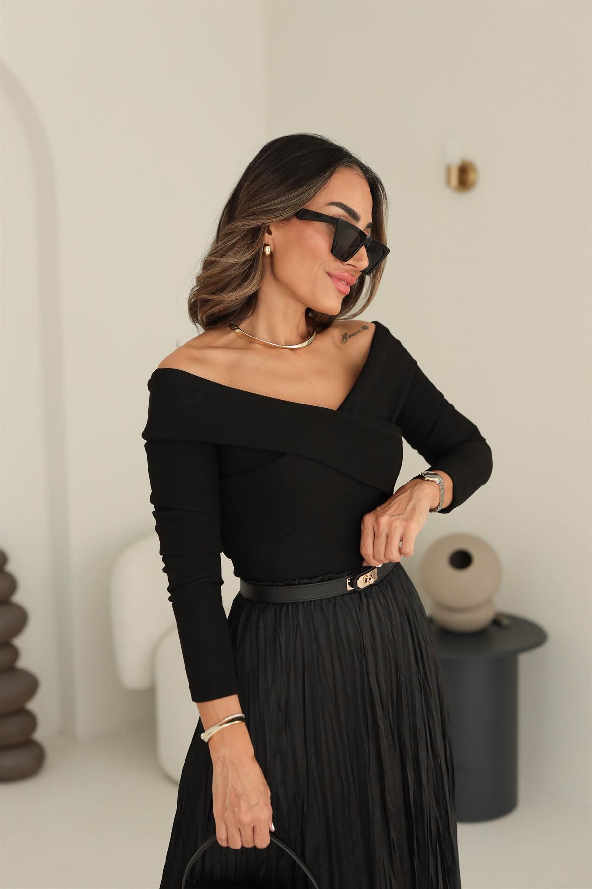 9184 Ottoman Kumaş Çapraz Detay Bluz SİYAH