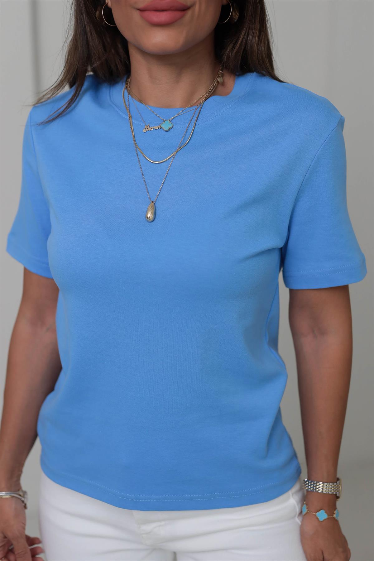 1075 Bisiklet Yaka Pamuklu Basic Tshirt MAVİ