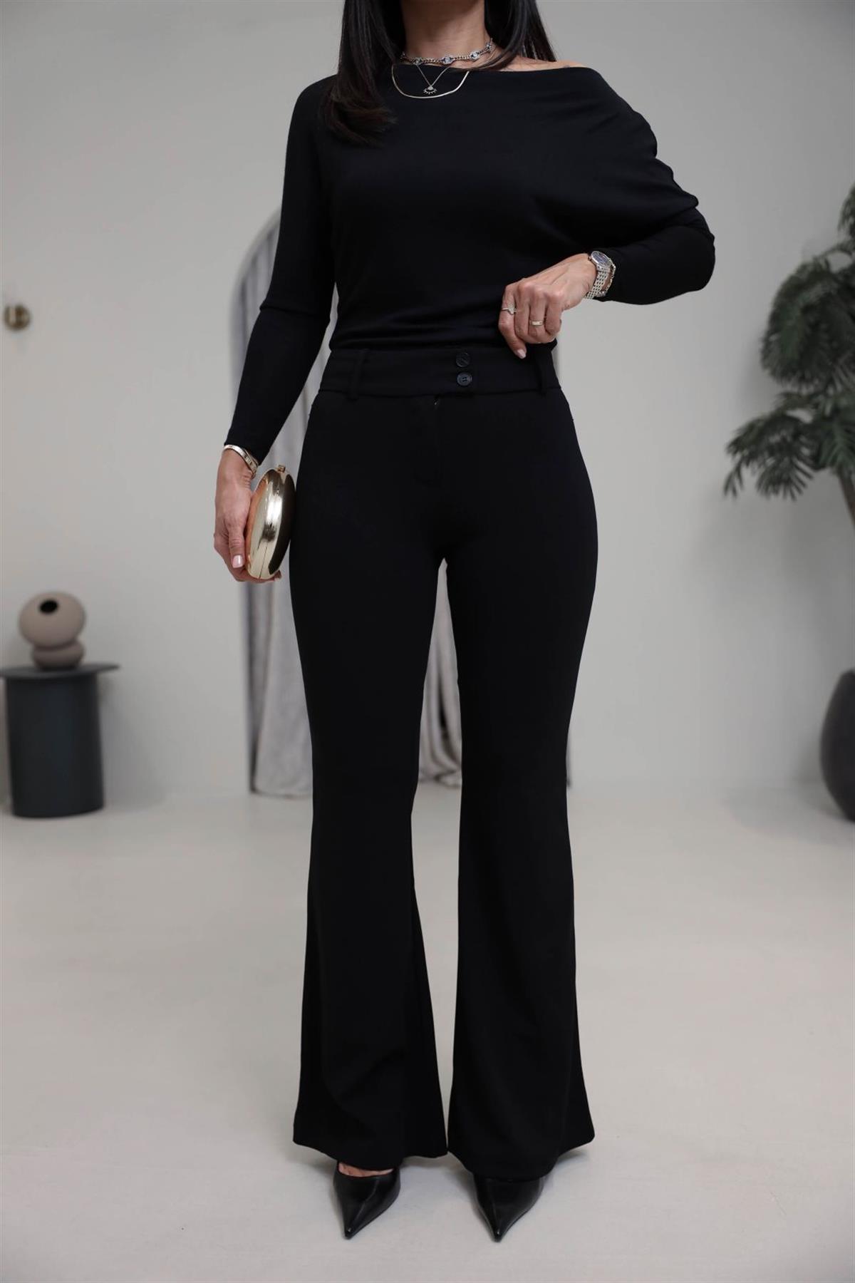 4094 Korsajlı Likralı Flare Pantolon SİYAH