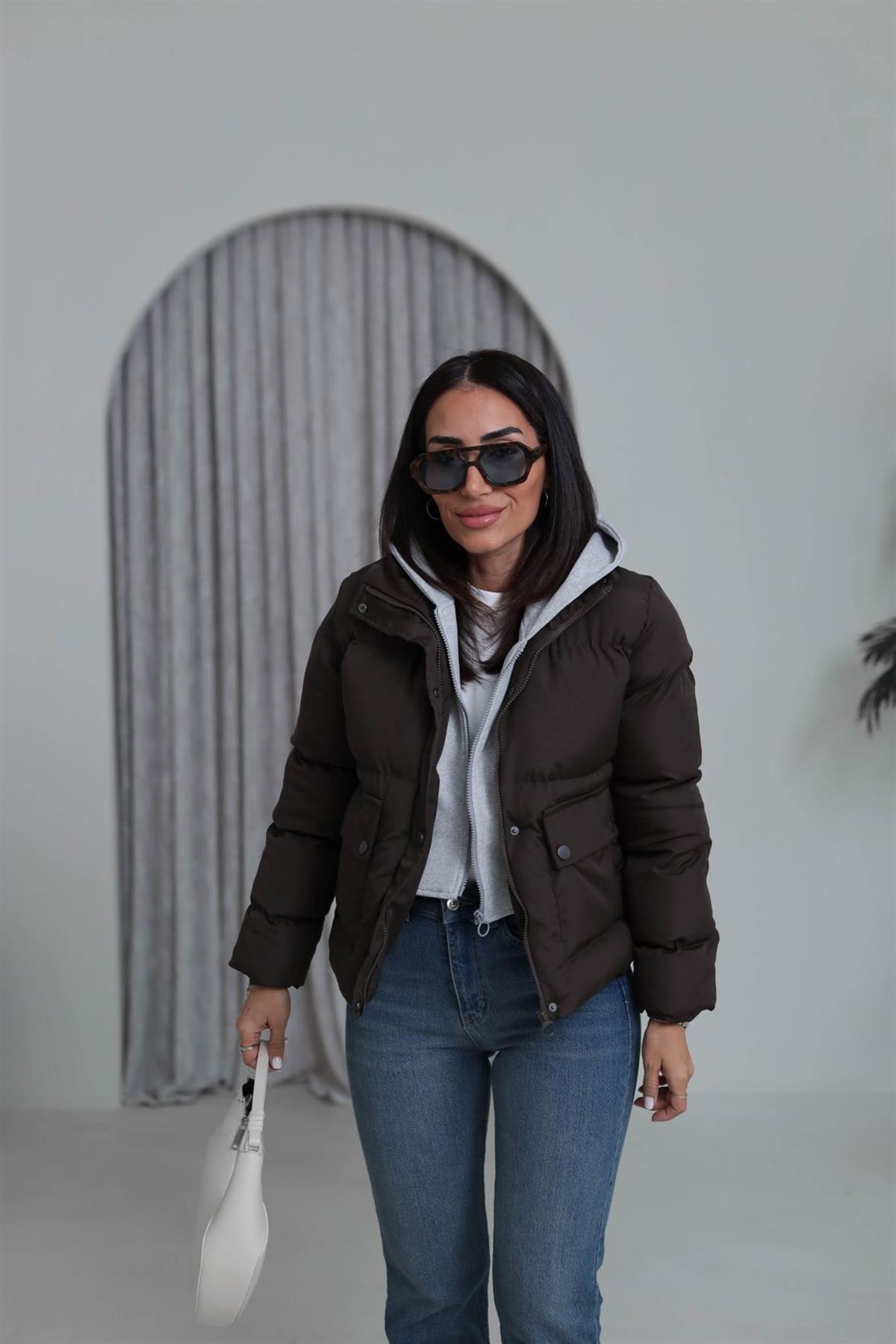 2148 Kapşonlu Şişme Mont ACI KAHVE