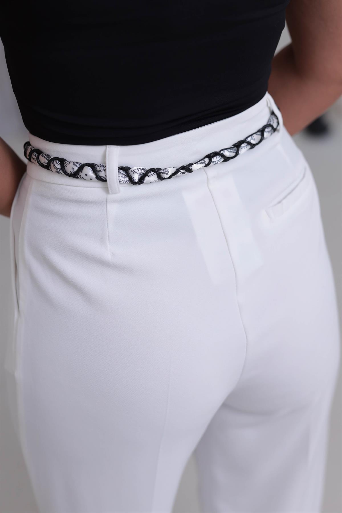 0522 Fularlı Kemerli Palazzo Pantolon EKRU