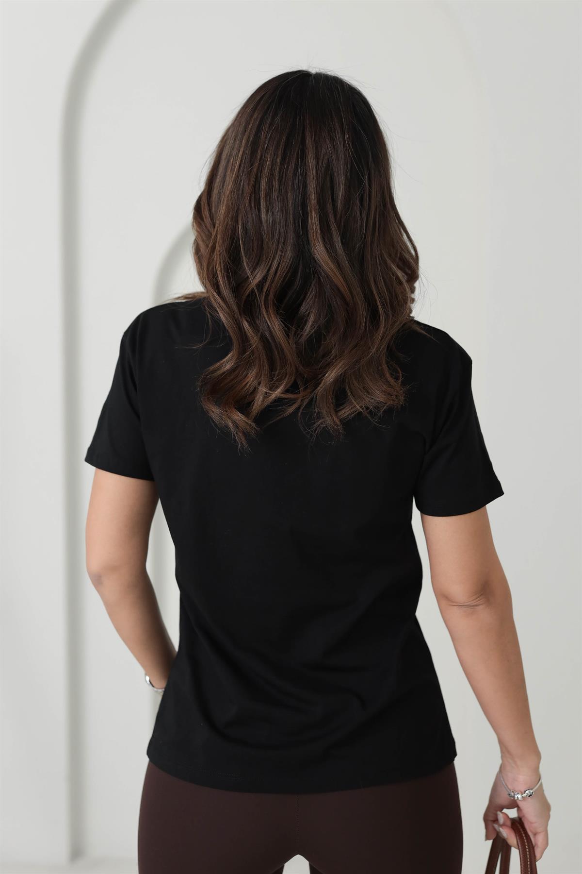 7065 Ayıcıklı Taşlı Pamuklu Tshirt SİYAH