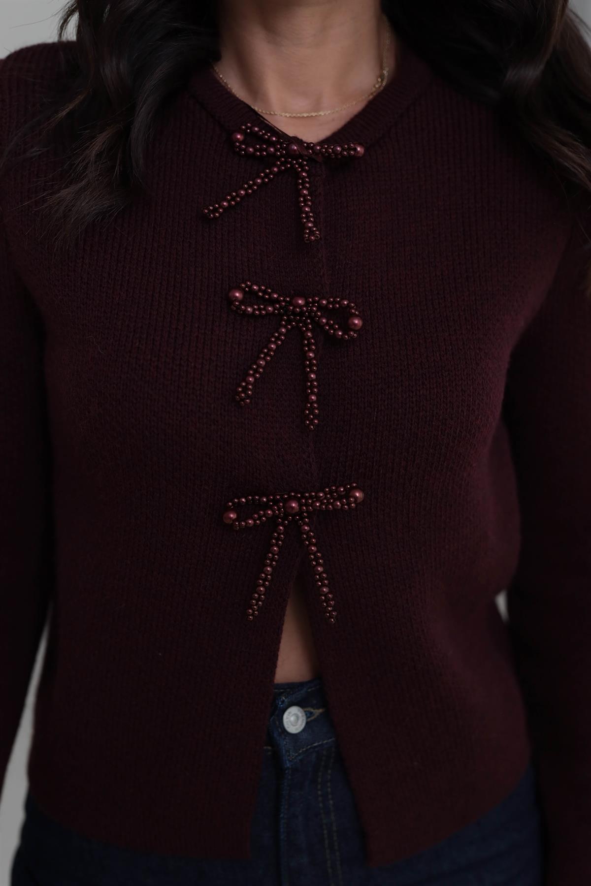 0983 İncili Fiyonk Aksesuarlı Triko Hırka BORDO