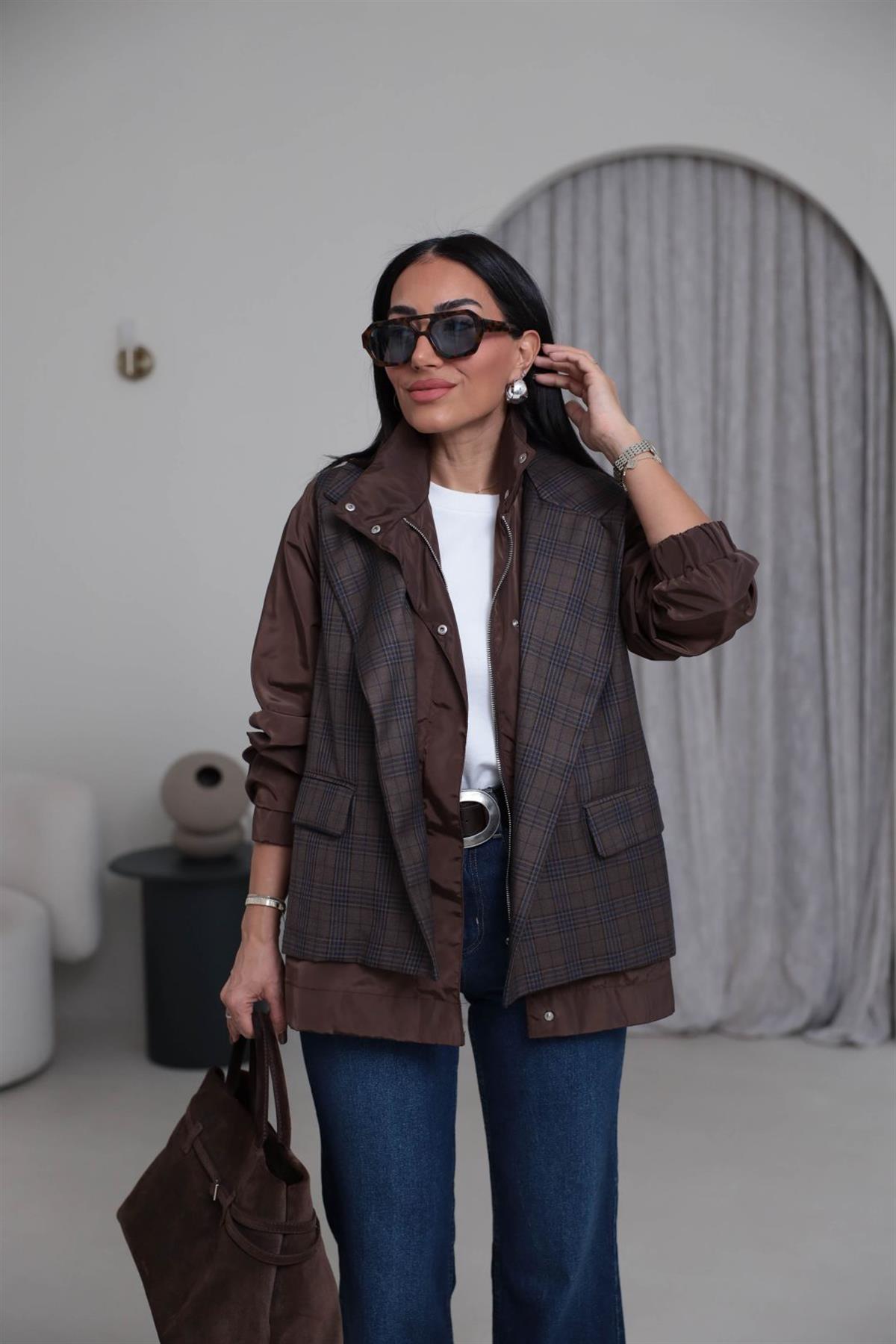 6927 Ekose Ceket Görünümlü Dik Yaka Paraşüt Yağmurluk ACI KAHVE