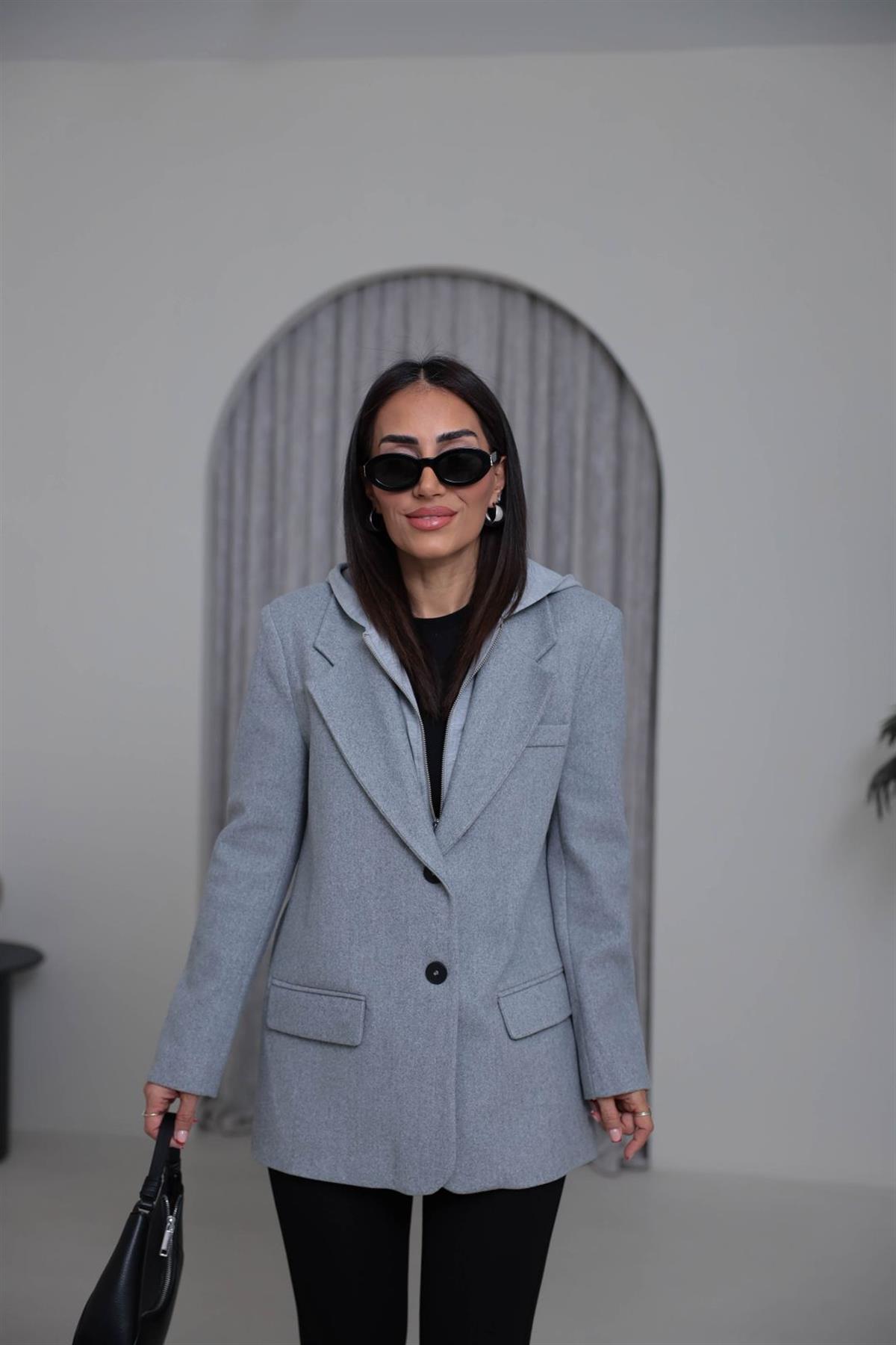 8733K Penye Kapşonlu Kaşe Ceket GRİ