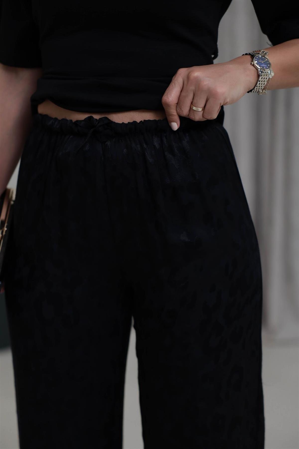 1635Y Leopar Desen Jakarlı Saten Pantolon SİYAH