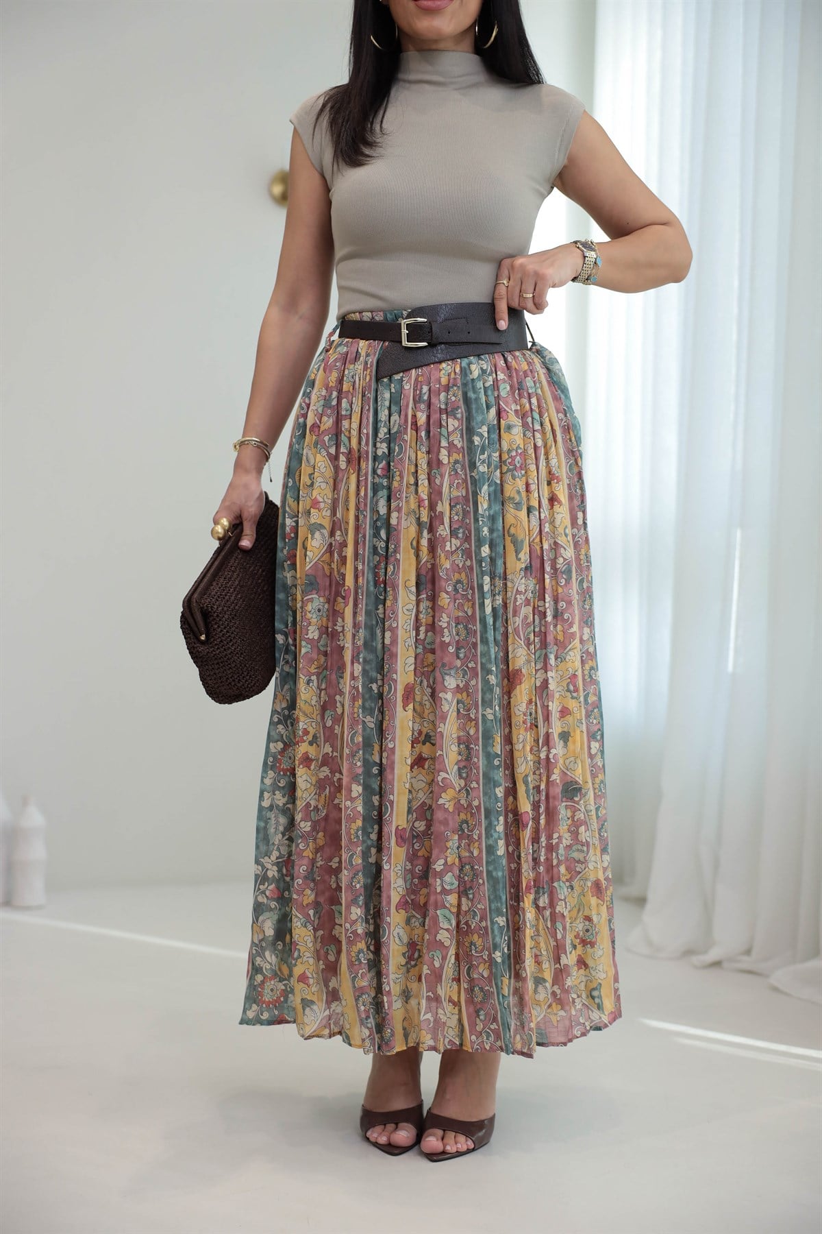 3374 Kemerli Pliseli Desenli Maxi Etek YEŞİL