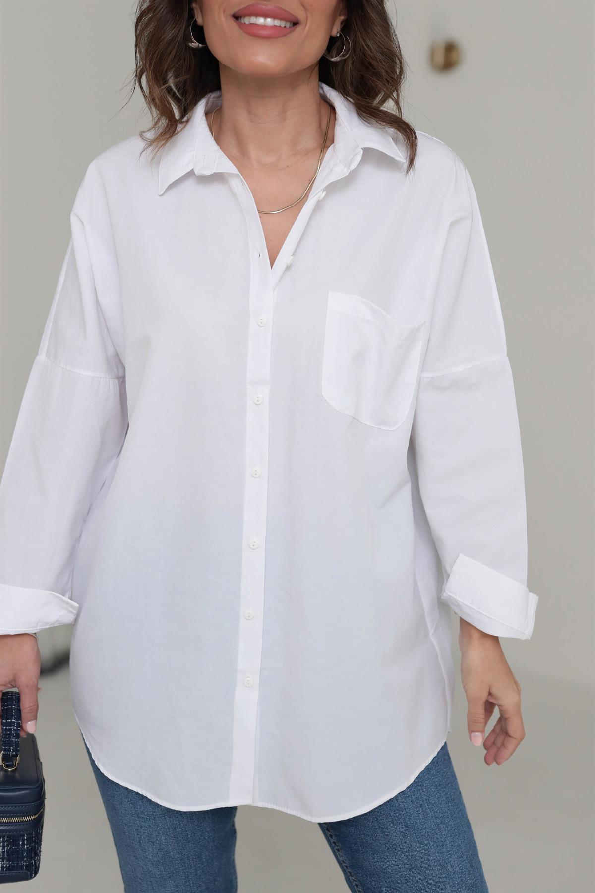 0097 Poplin Kumaş Oversize Gömlek BEYAZ