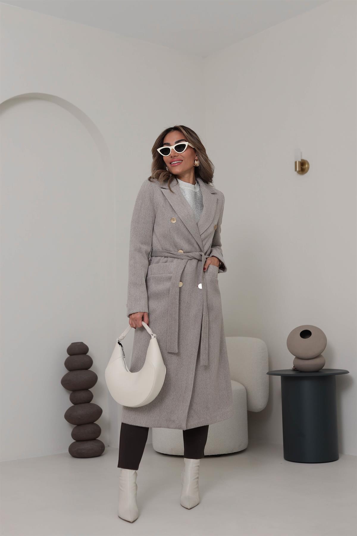 9931 Gold Düğmeli Balıksırtı Desen Kaşe Kaban