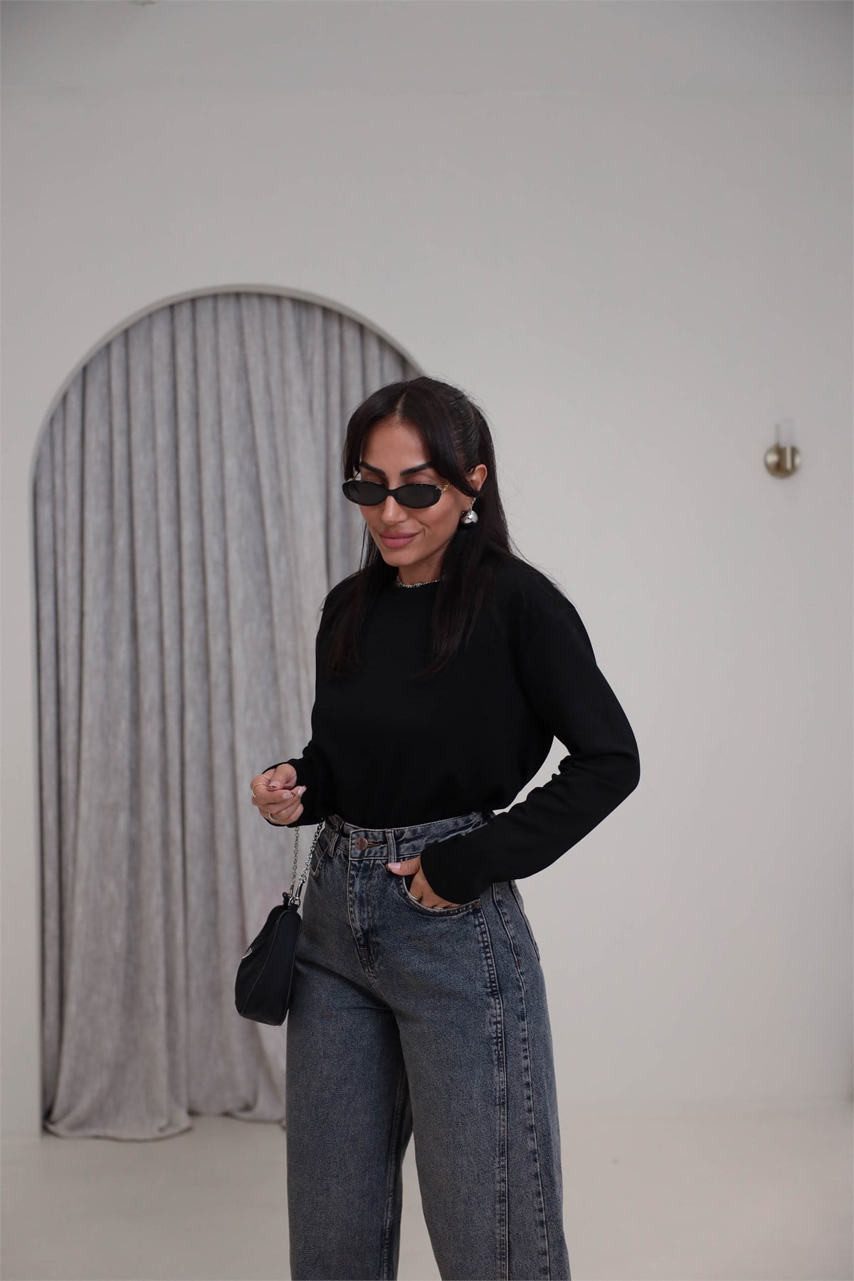 1448 Bisiklet Yaka uzun Kollu Oversize Tshirt SİYAH