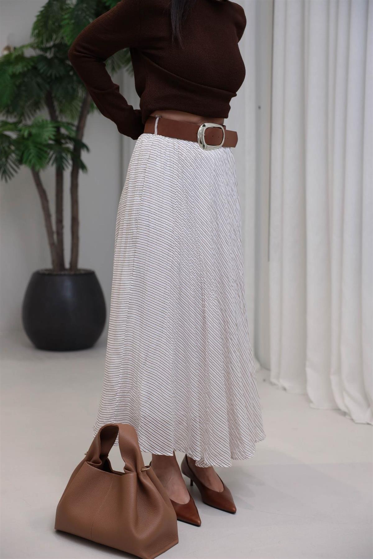 3379 Kemerli Çizgili Kraşlı Etek KREM