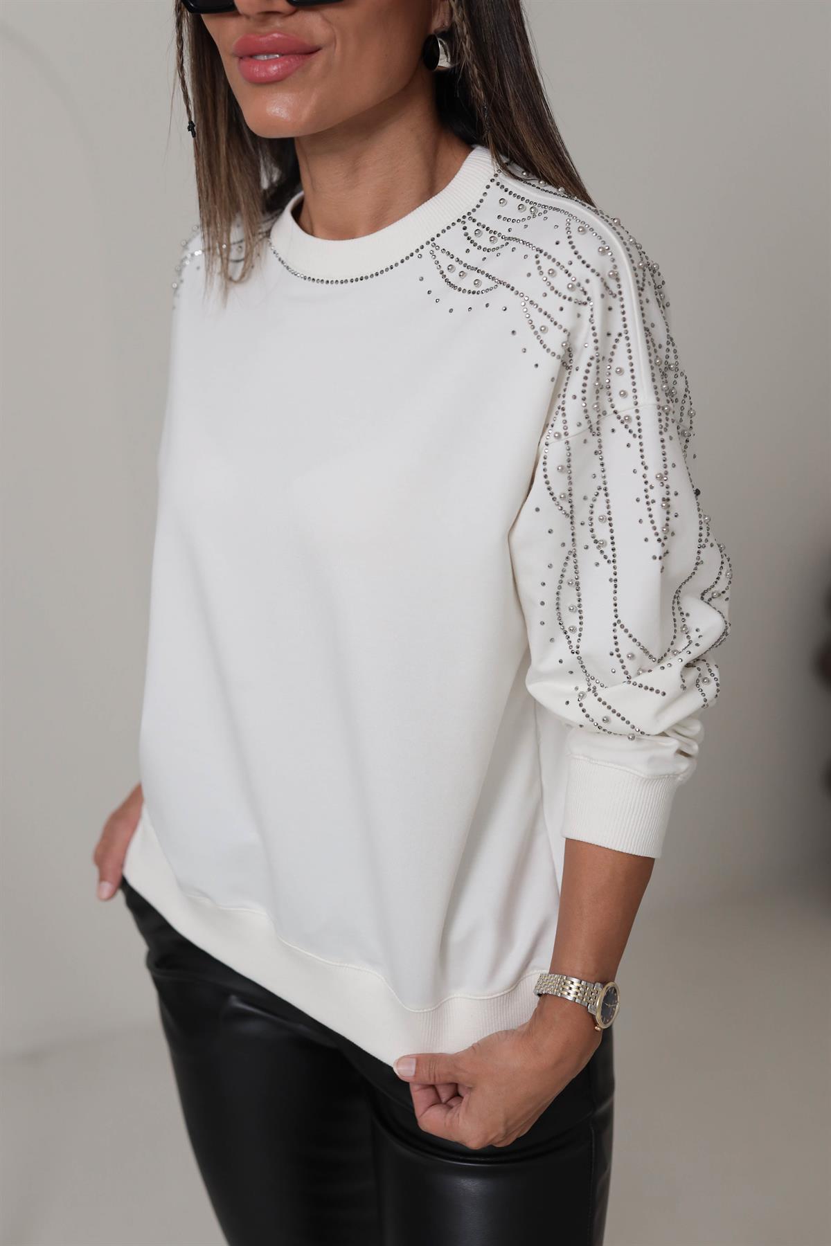 5305 Kolları Taş İşlemeli Sweatshirt
