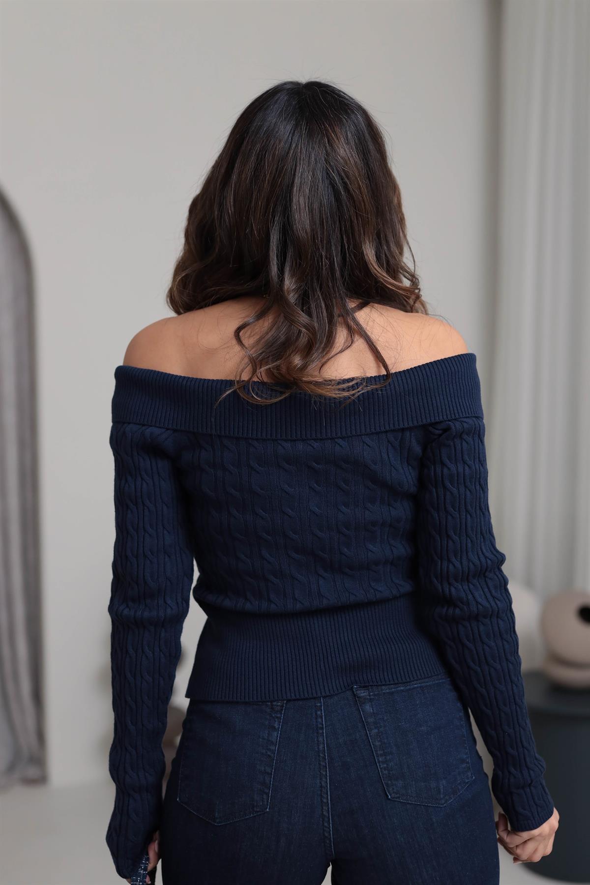 581 Örgü Detay Fermuarlı Yaka Detay Triko Hırka LACİVERT