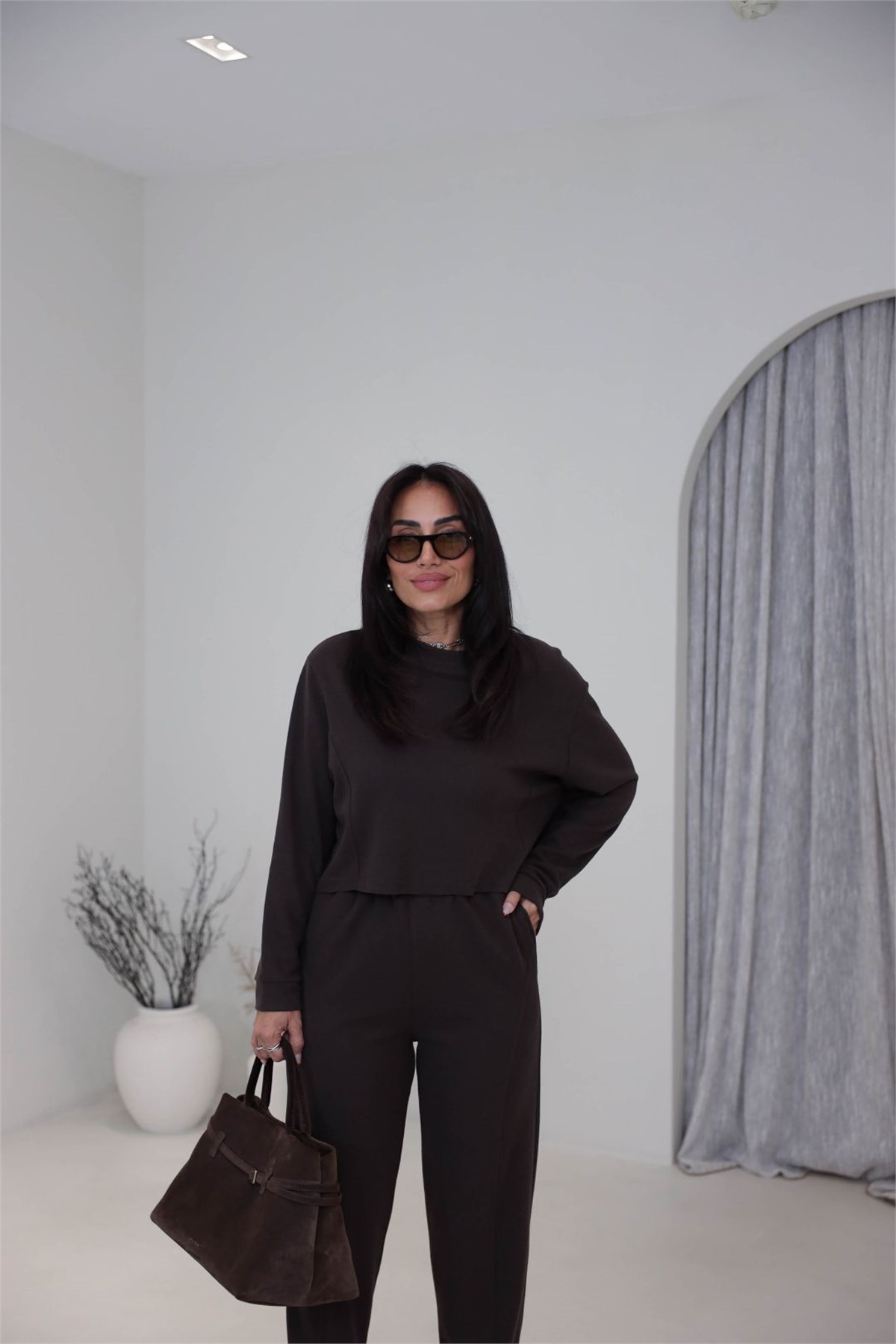 3584 Selanik Kumaş Bluz & Dikiş Detaylı Pantolon Takım KAHVE