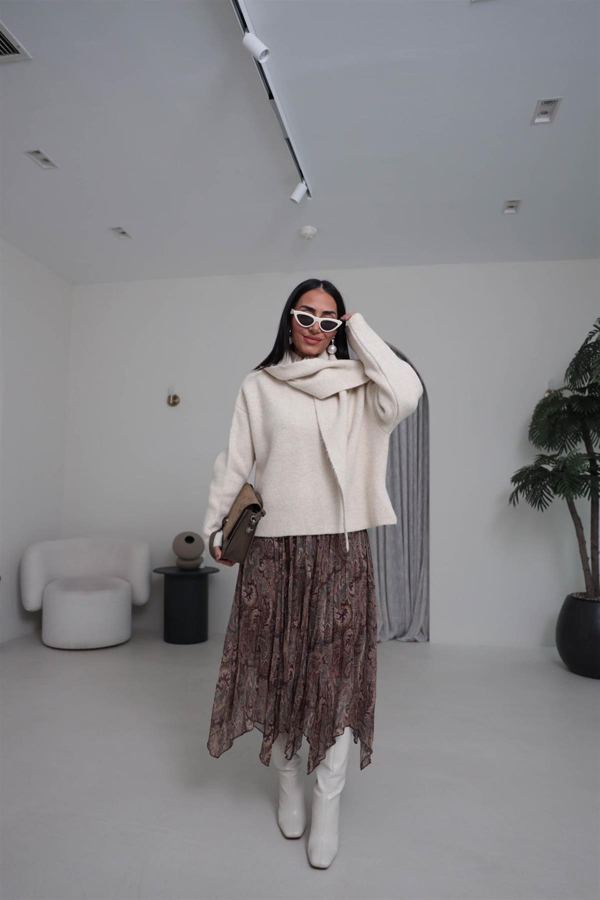 3873 Bel Lastikli Astarlı Asimetrik Etek DESENLİ