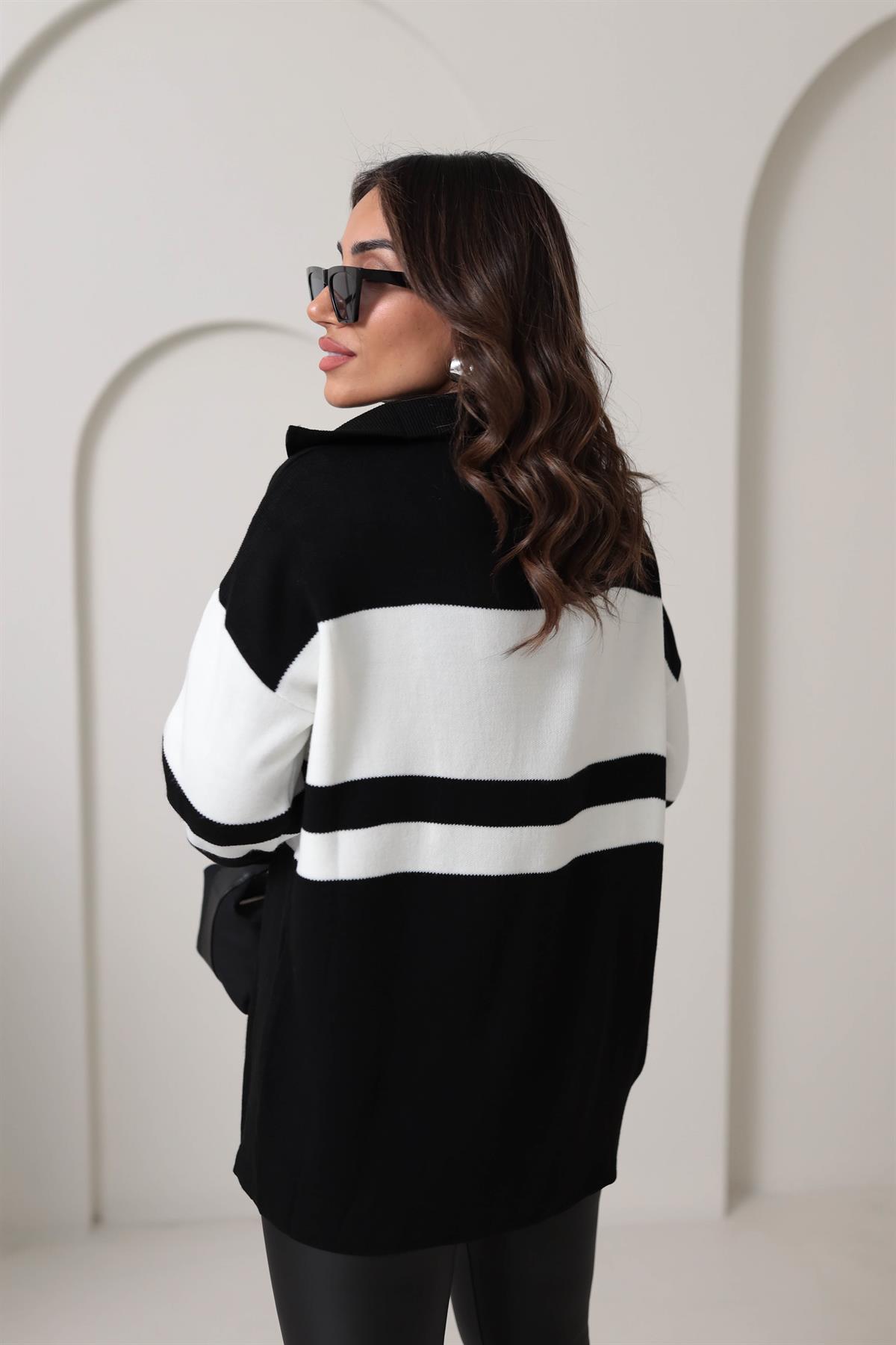 0011 Büyük Çizgili Fermuarlı Tunik Kazak SİYAH-EKRU