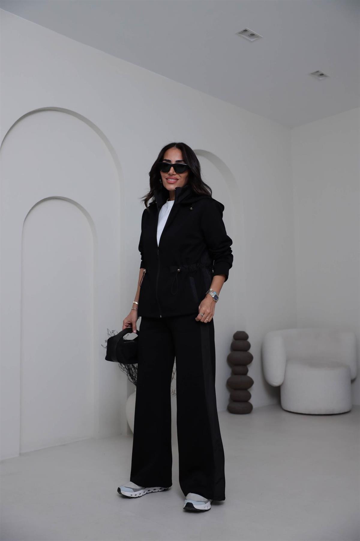 6933 Paraşüt Garnili Bel Lastikli Modal Takım SİYAH