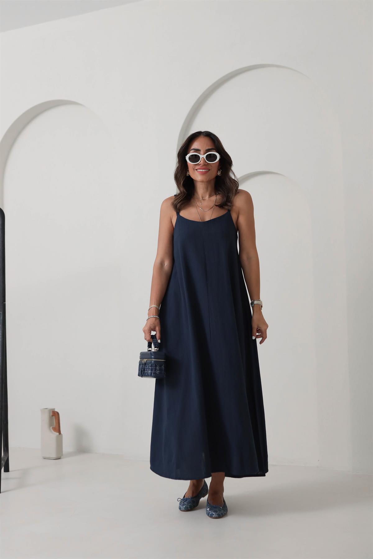 DXB Hasır Örgü Askılı Keten Elbise LACİVERT