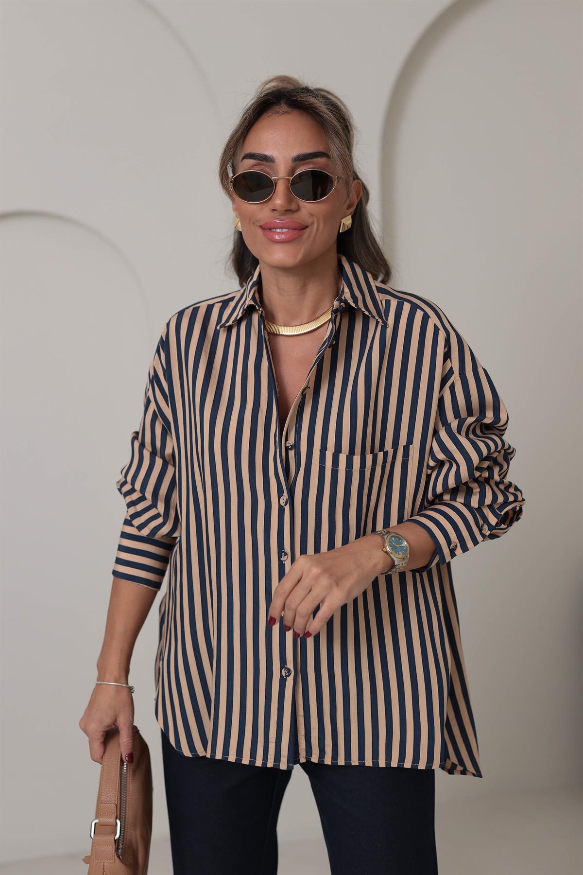 4969 Çizgili Rahat Viskon Gömlek LACİ-CAMEL