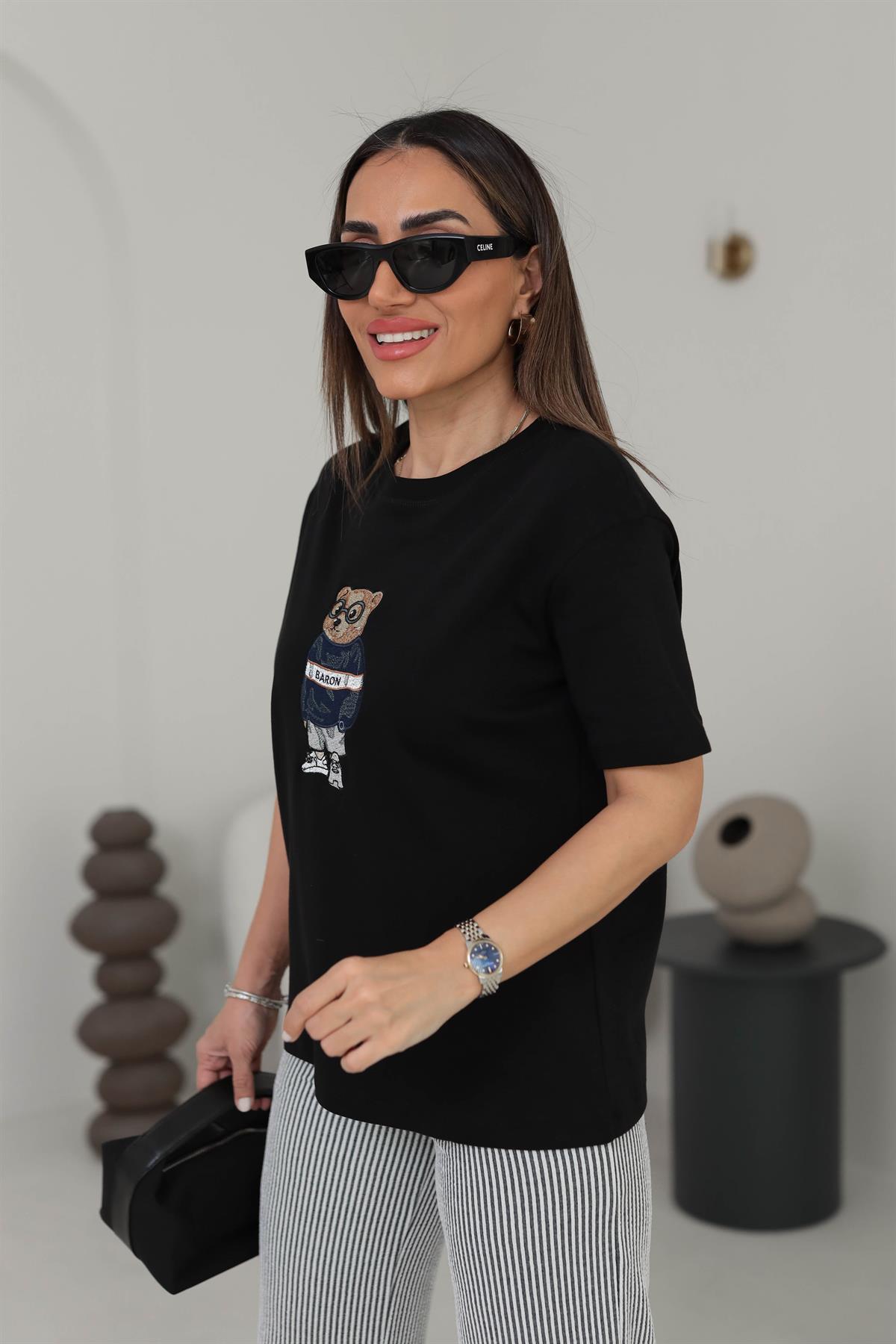 3512 Bisiklet Yaka Ayıcık Nakışlı Tshirt SİYAH