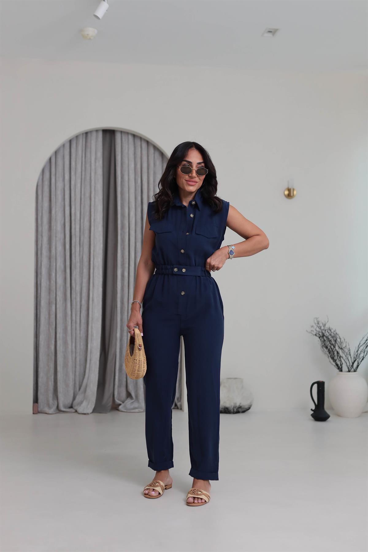 0107 Polo Yaka Kemerli Tencel Tulum LACİVERT