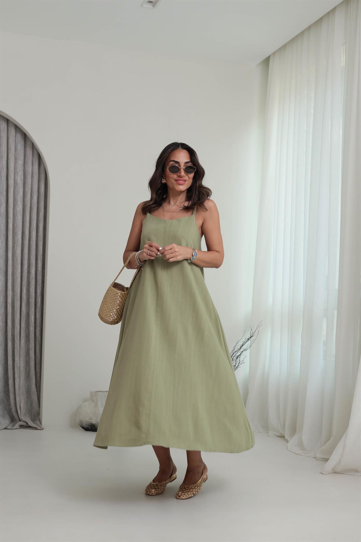 DXB Hasır Örgü Askılı Keten Elbise HAKİ YEŞİL