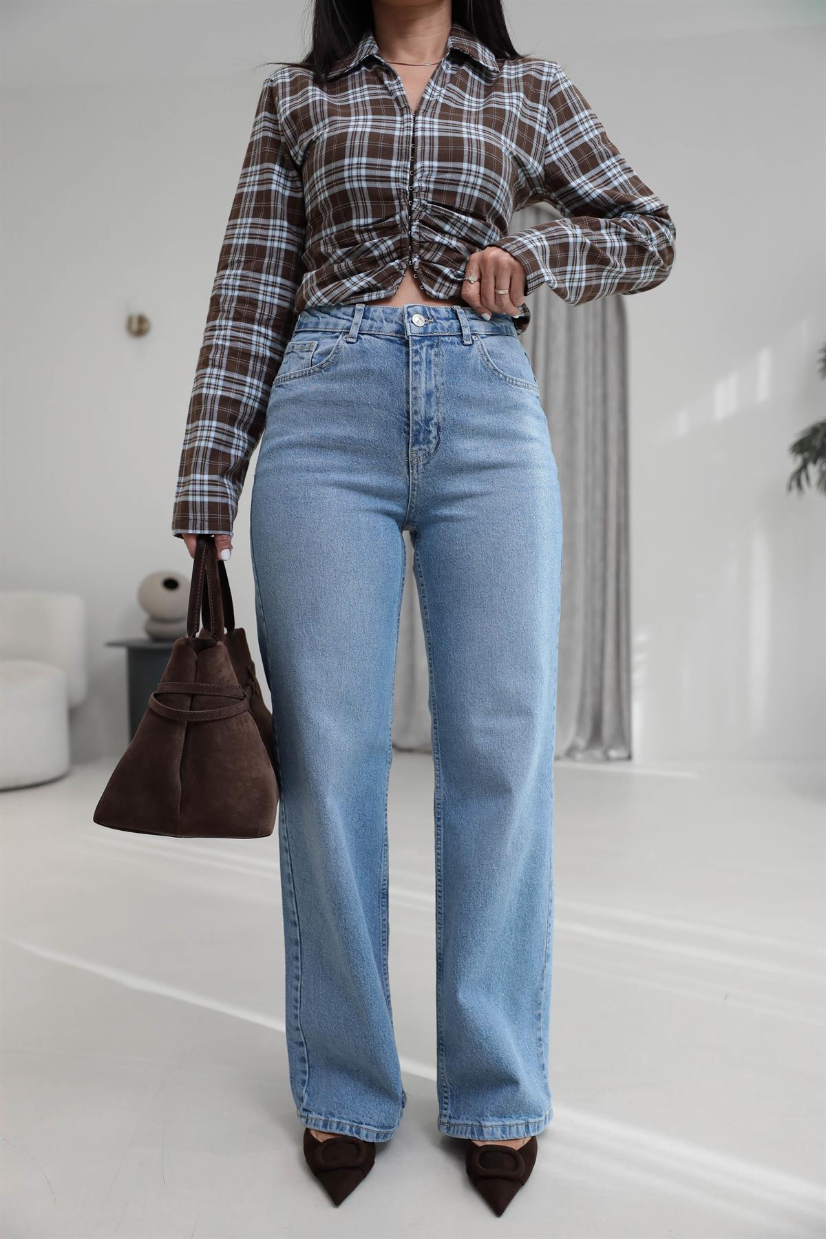 1071 Yüksek Bel Dökümlü Palazzo Jean ORTA MAVİ