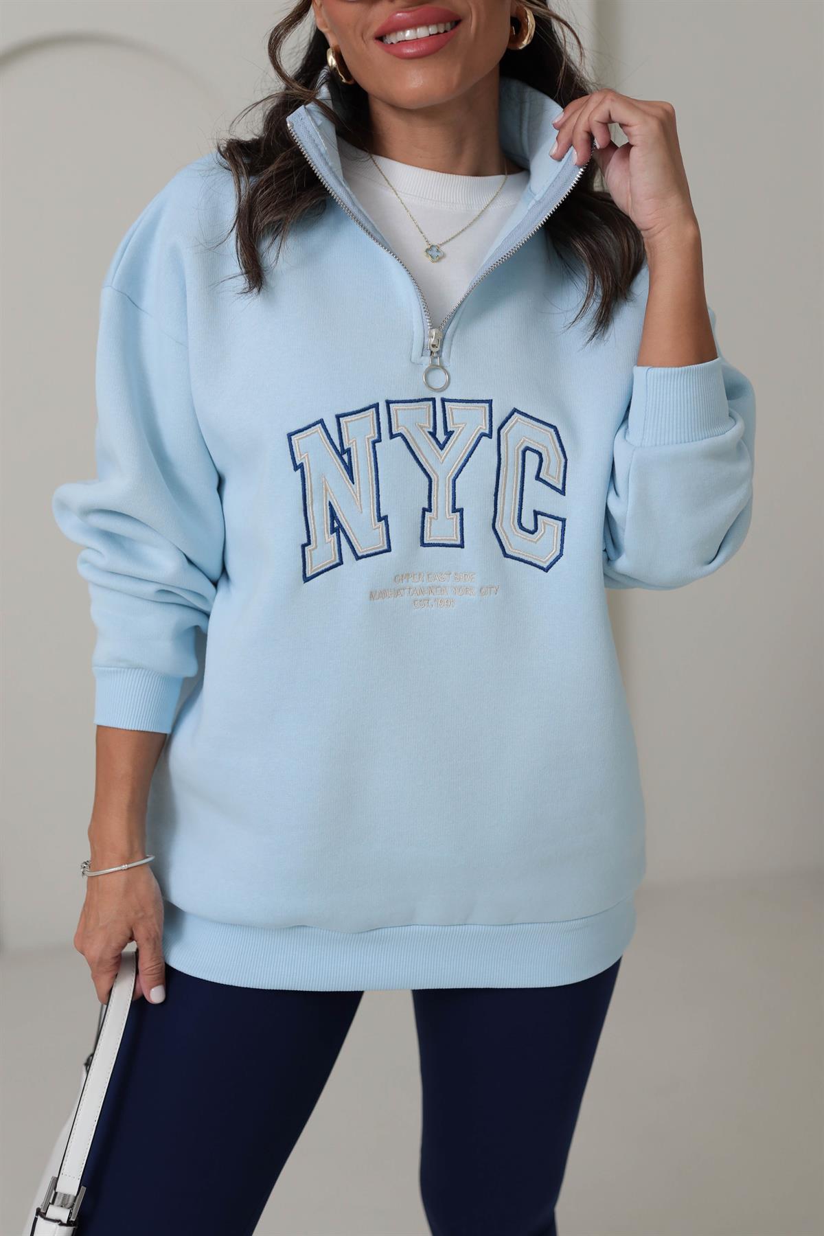 5002 Yarı Fermuarlı Baskılı Sweatshirt