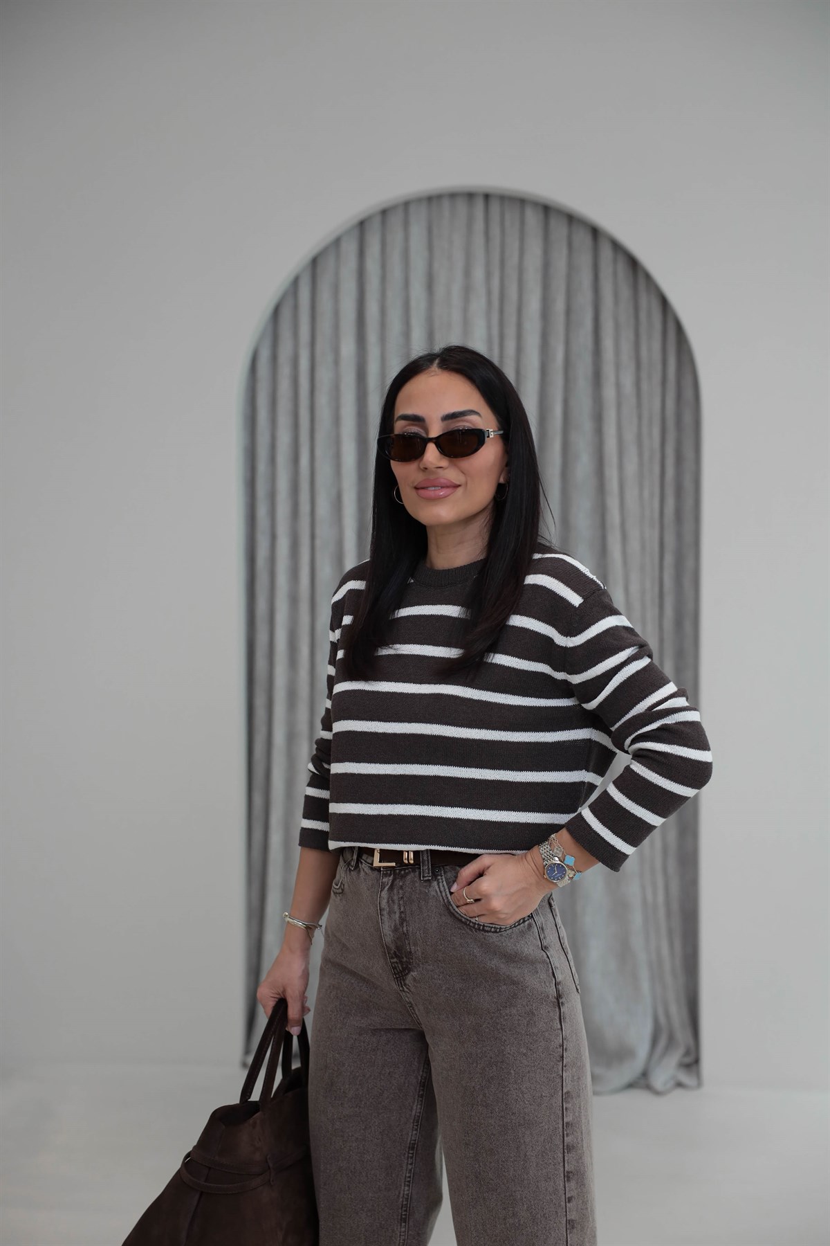 1032 Çizgili Triko Bluz KAHVE