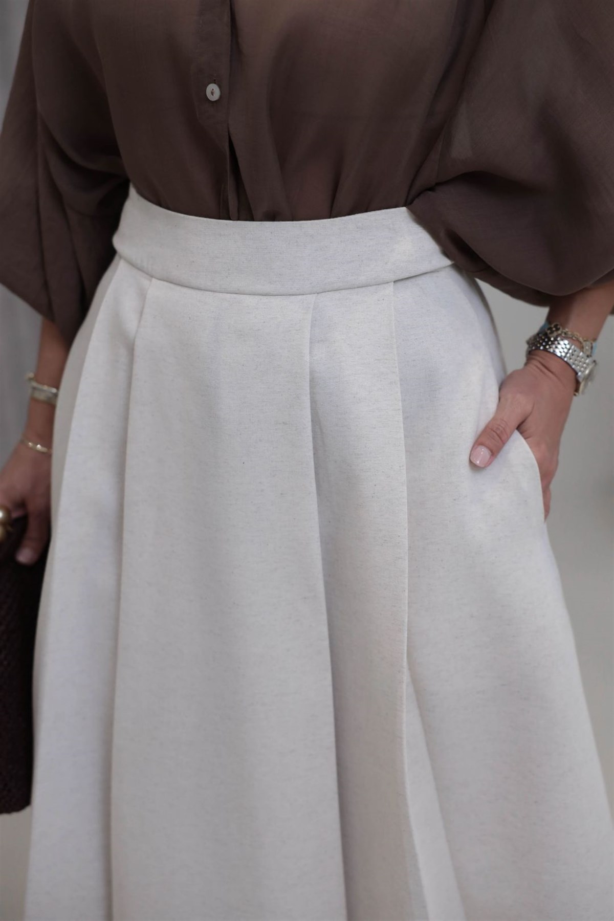 5069 Yüksek Bel Cepli Keten Kumaş Etek NATURAL