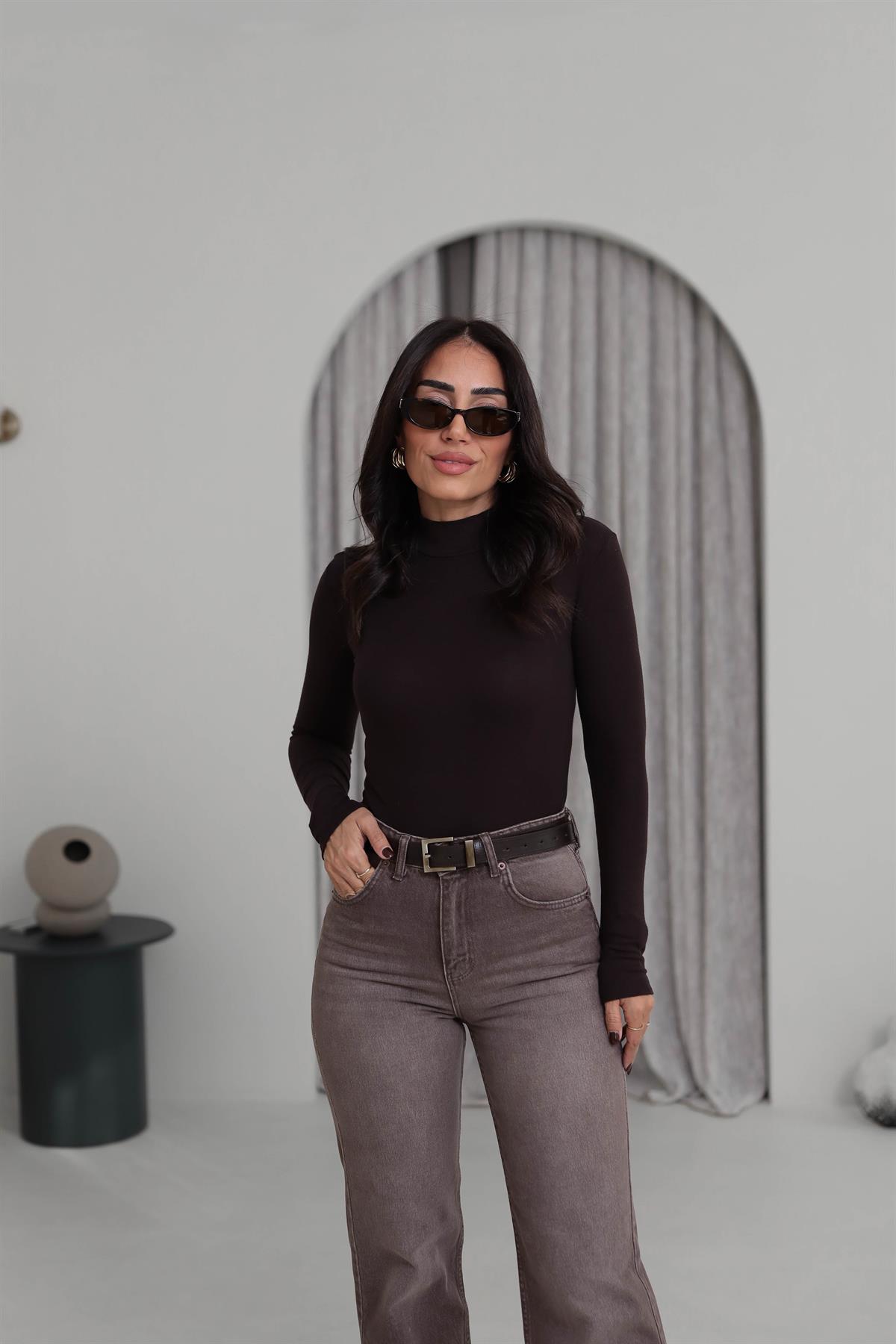 4144 Balıkçı Yaka Uzun Kol Bluz KAHVE